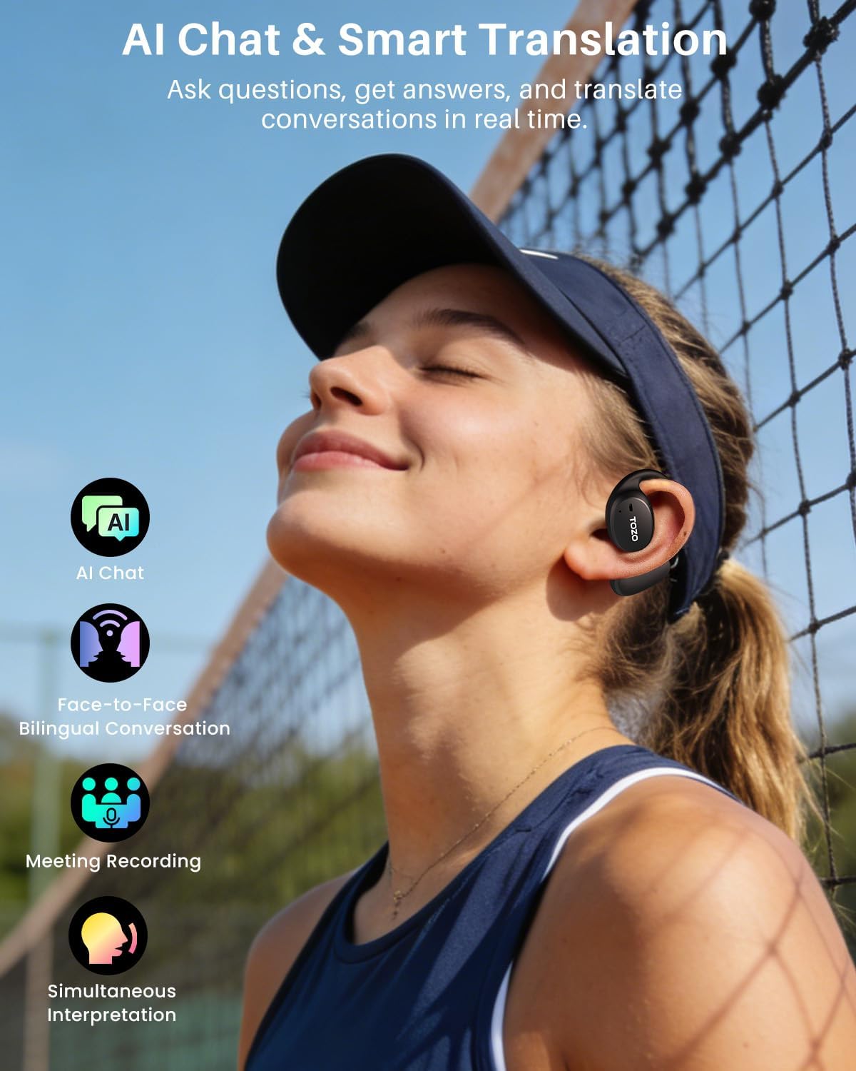 TOZO Real-Time AI Translation Earbuds, 80H Playtime Translator Ear Buds, Digital Display, AI Clear Calls, Comfortable Wear Open Ear Earbuds, AI Bluetooth Headphone for Travel Meeting Learning, Black