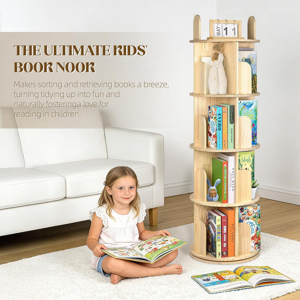Kryonix Rotating Bookshelf, Solid Pine Wood Spinning Bookshelf Tower 5 Tier, 360° Revolving Bookcase for Kids, Multi-Functiona Corner Round Turning Book Shelf Organizer for Small Spaces