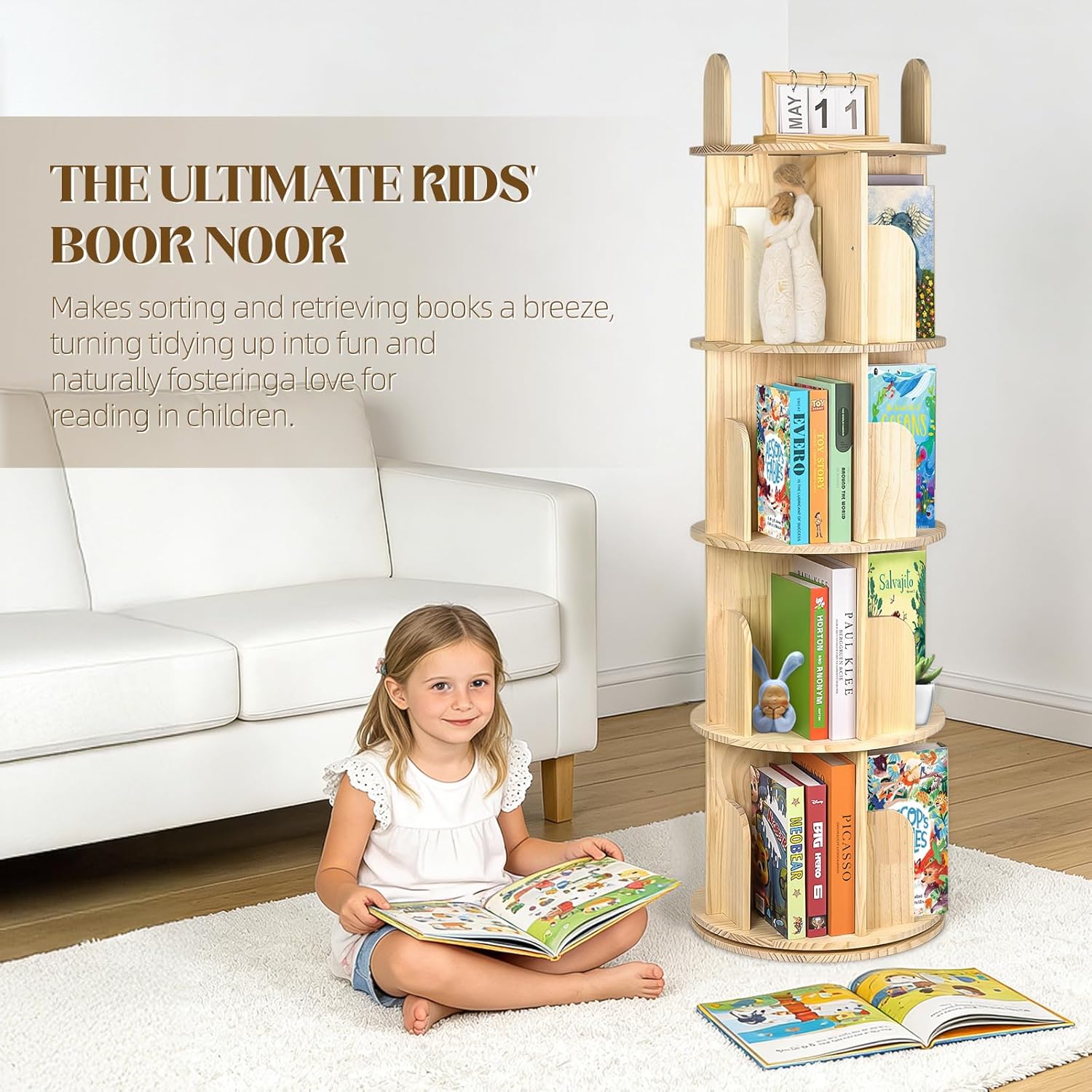 Kryonix Rotating Bookshelf, Solid Pine Wood Spinning Bookshelf Tower 5 Tier, 360° Revolving Bookcase for Kids, Multi-Functiona Corner Round Turning Book Shelf Organizer for Small Spaces