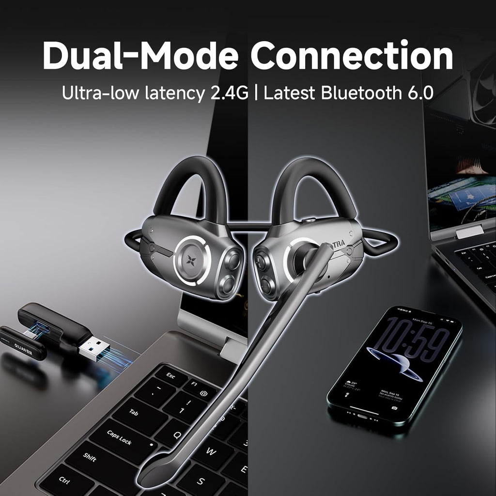 Open Ear Gaming Headphones, Dual-Mode Wireless, BT6.0/2.4GHz, Ultra-Low Latency for Daily, Workout & Gaming, Detachable Mic, 20H Battery, Fast Charge, for PS5/PS4/Switch/PC/Mobile – Black