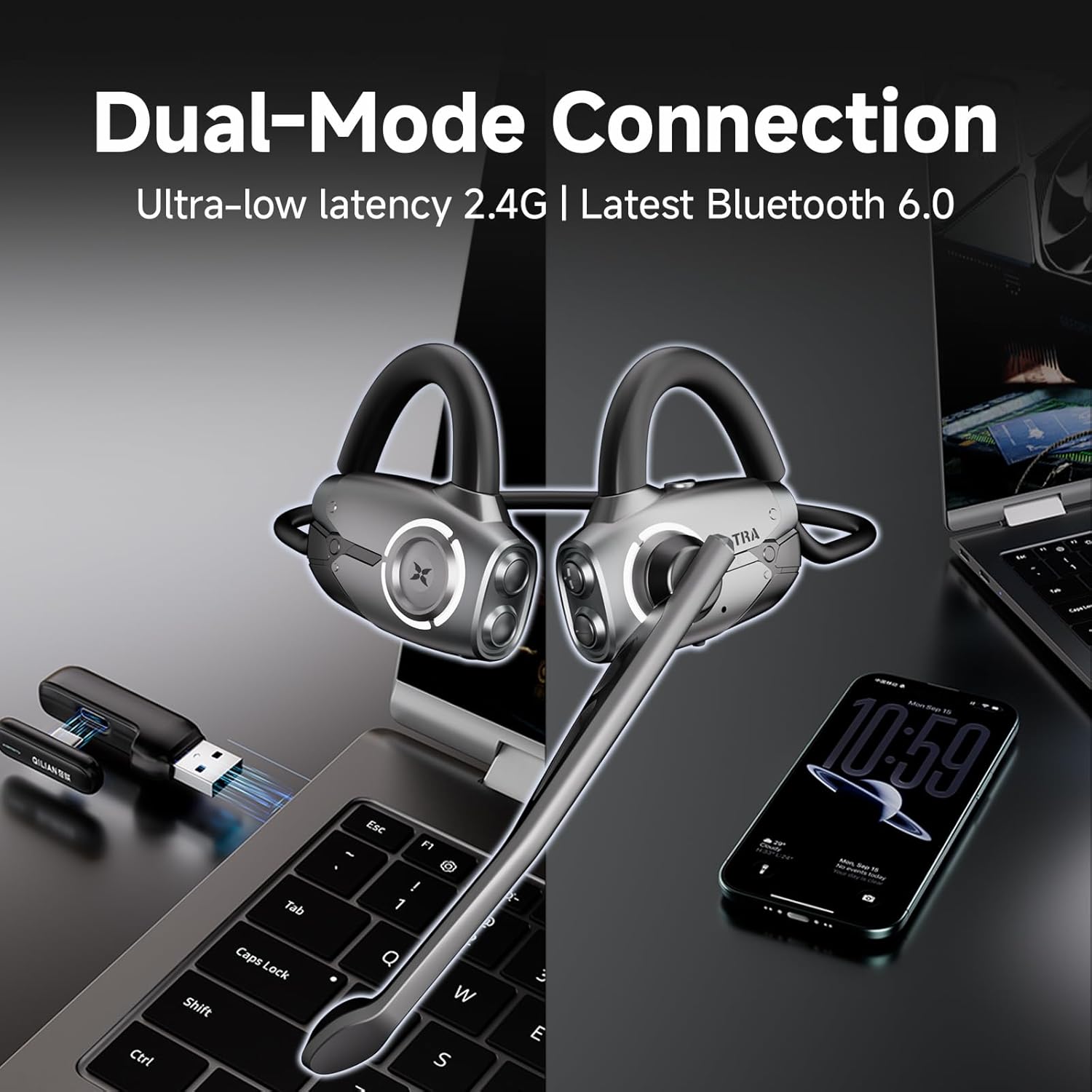 Open Ear Gaming Headphones, Dual-Mode Wireless, BT6.0/2.4GHz, Ultra-Low Latency for Daily, Workout & Gaming, Detachable Mic, 20H Battery, Fast Charge, for PS5/PS4/Switch/PC/Mobile – Black
