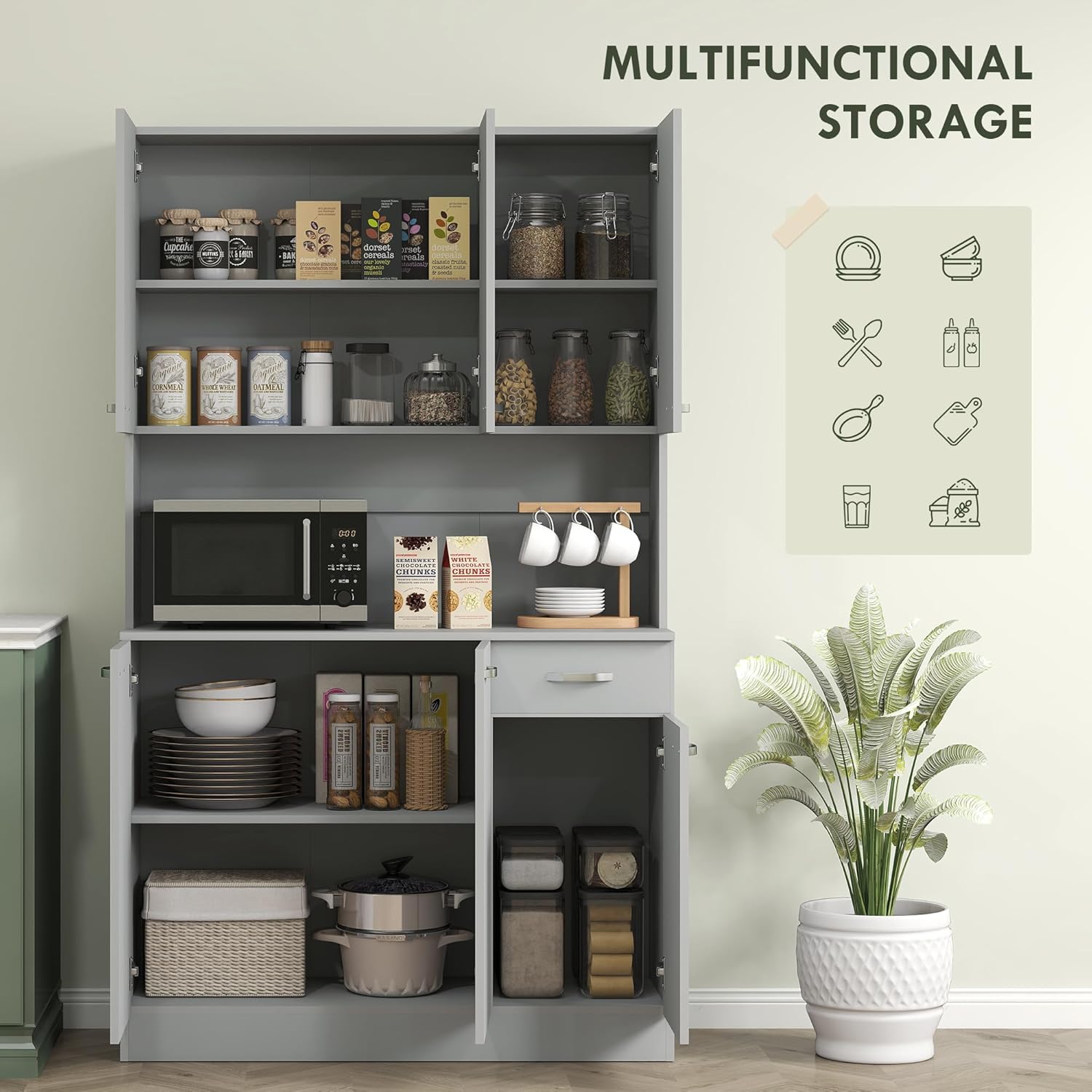 HOMCOM 71" Kitchen Pantry Cabinet, Tall Storage Cabinet with Microwave Stand, Buffet with Hutch, 6 Doors, Storage Drawer, 3 Adjustable Shelves for Living Room, Dining Room, Gray