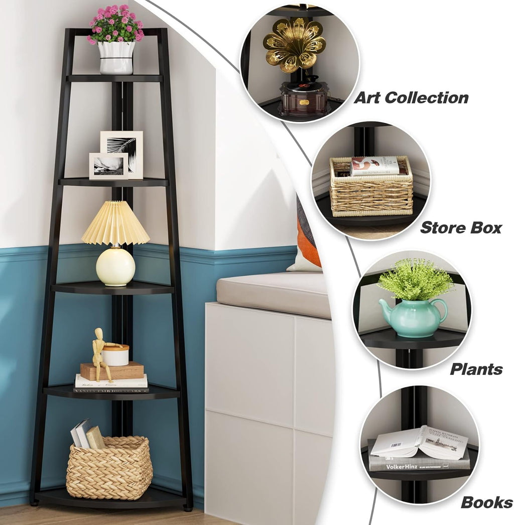Tribesigns 5 Tier Corner Bookshelf and Bookcase, 70 inch Tall Corner Shelves Standing Shelving Unit Indoor Plant Stand for Living Room, Kitchen, Home Office (Black)