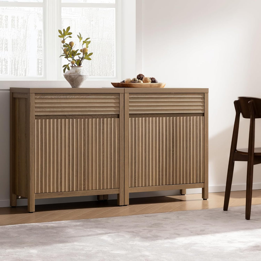 SICOTAS 87" Extra Large Buffet Cabinet with Storage, Modern Fluted Sideboard Cabinet with Drawers & Adjustable Shelves, Premium Credenza for Large Spaces, Reclaimed Caramel Oak, 3 PCS