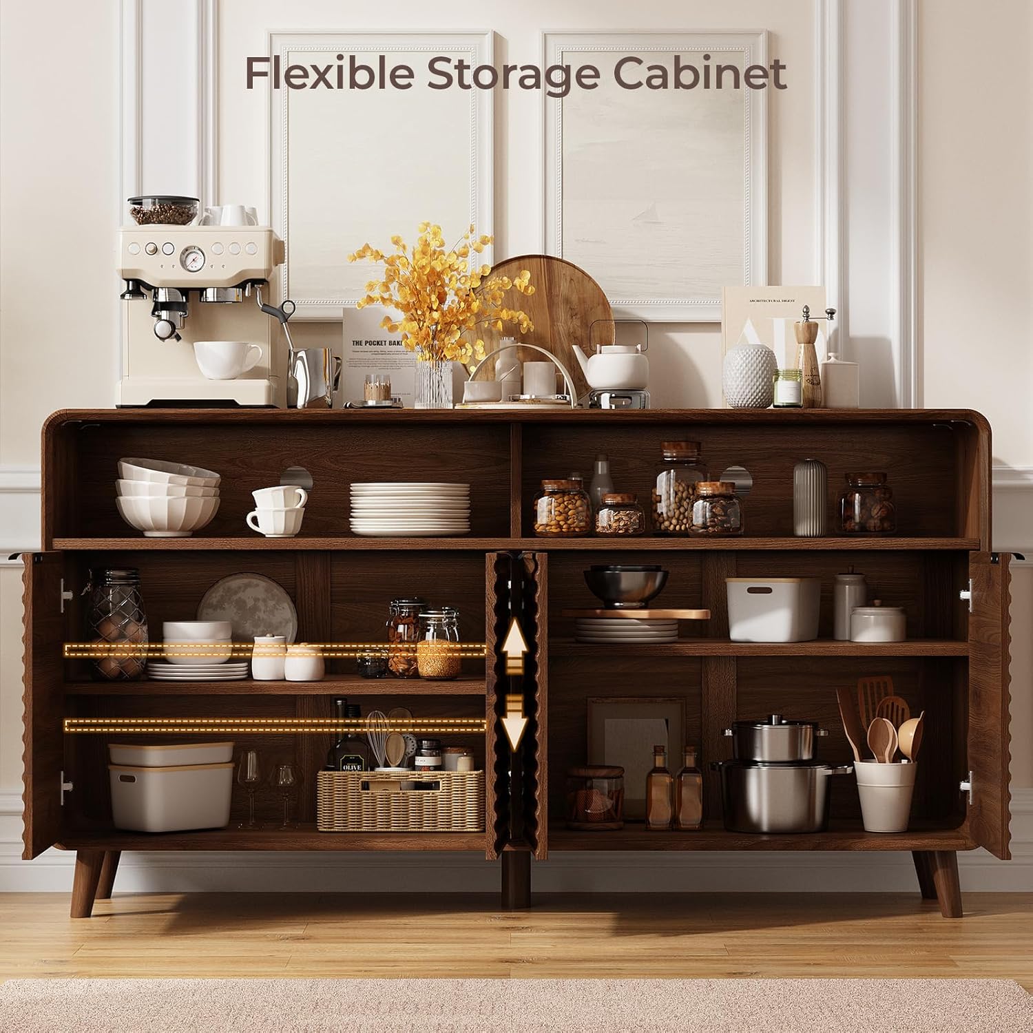 61" Sideboard Buffet Cabinet with Open Storage & 4 Doors, Large Coffee Bar Cabinet with Adjustable Shelves, Mid Century Modern Fluted Buffet Cabinet for Kitchen, Living Room, Walnut