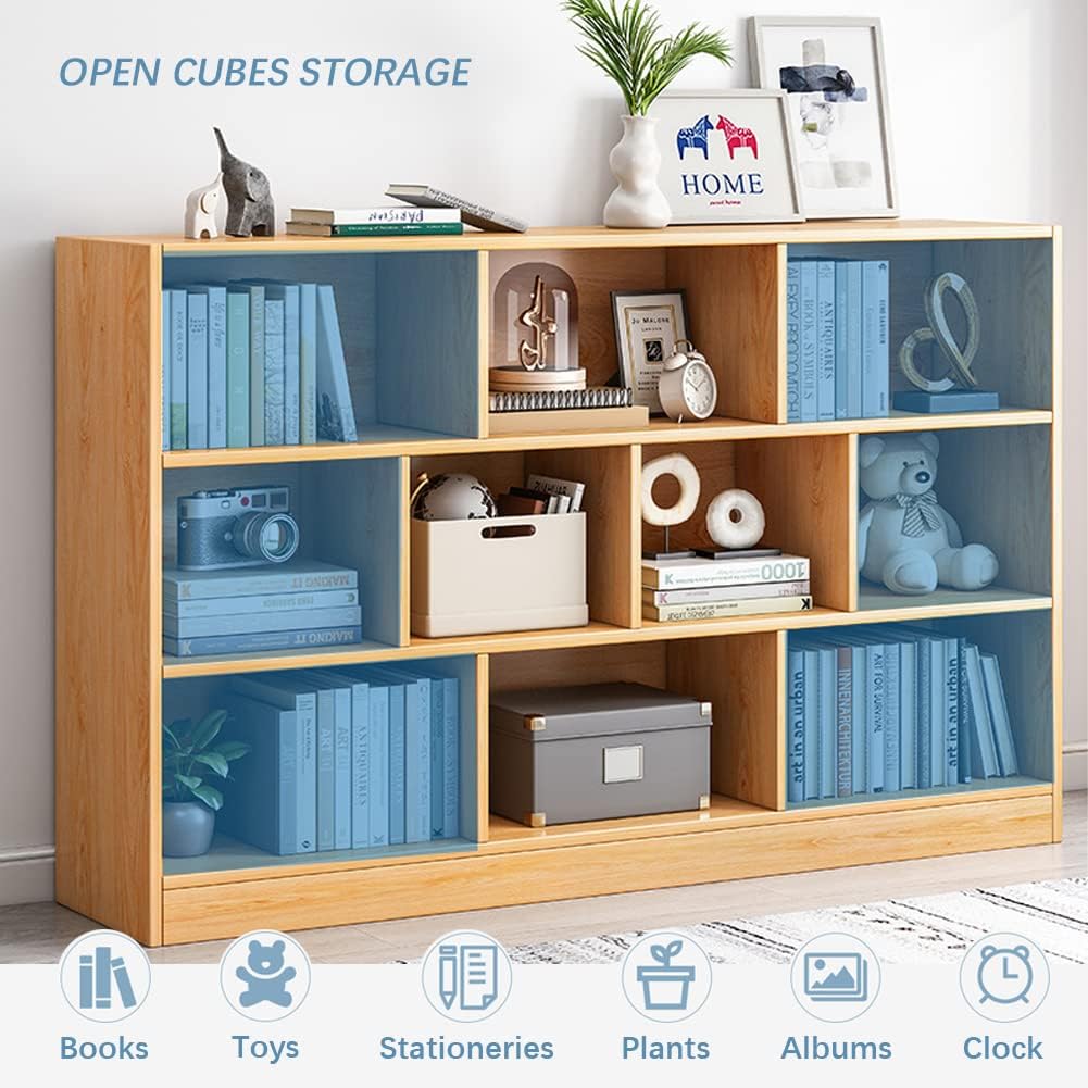IOTXY Open Shelf Low Bookcase - Wooden 3-Tier Floor Standing Display Cabinet Organizer with Base, 10 Cubes Short Horizontal Bookshelf in Warm White
