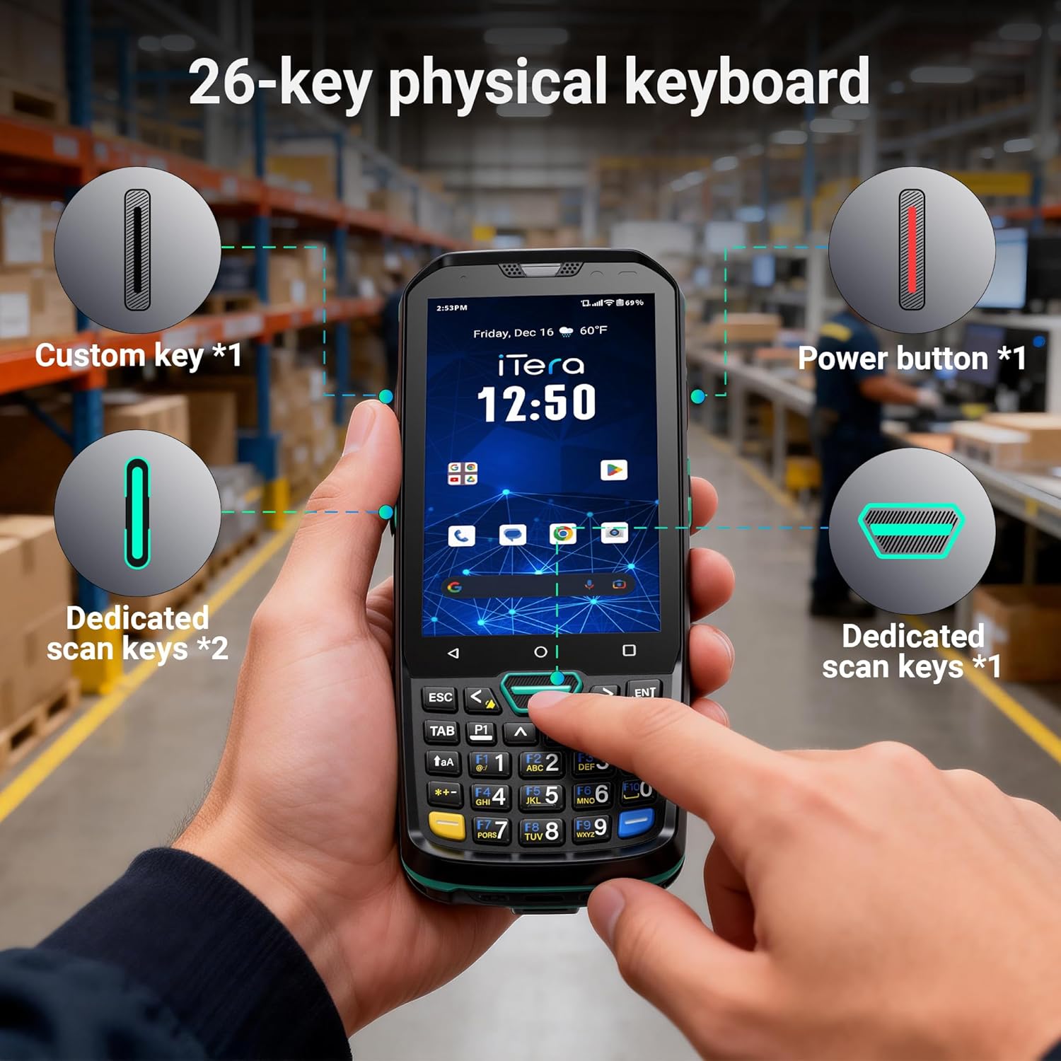 Android 13 Barcode Scanner PDA: with HS7 Scan Engine 26 Keys 4" Touch Screen 5100mAh Battery IP67 Rugged 2D Handheld Computer for Warehouse Logistics Industrial Use P400