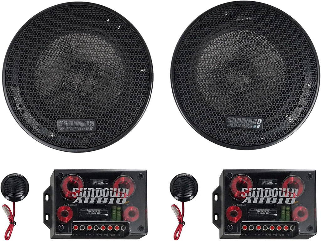 Sundown Audio SA-6.5CS v.3 6.5 in 125-Watt Car Audio Component Speakers, Silk Dome Tweeters, Carbon Fiber Cones, Adjustable Crossovers, for Vehicle Sound Systems, 4-Piece