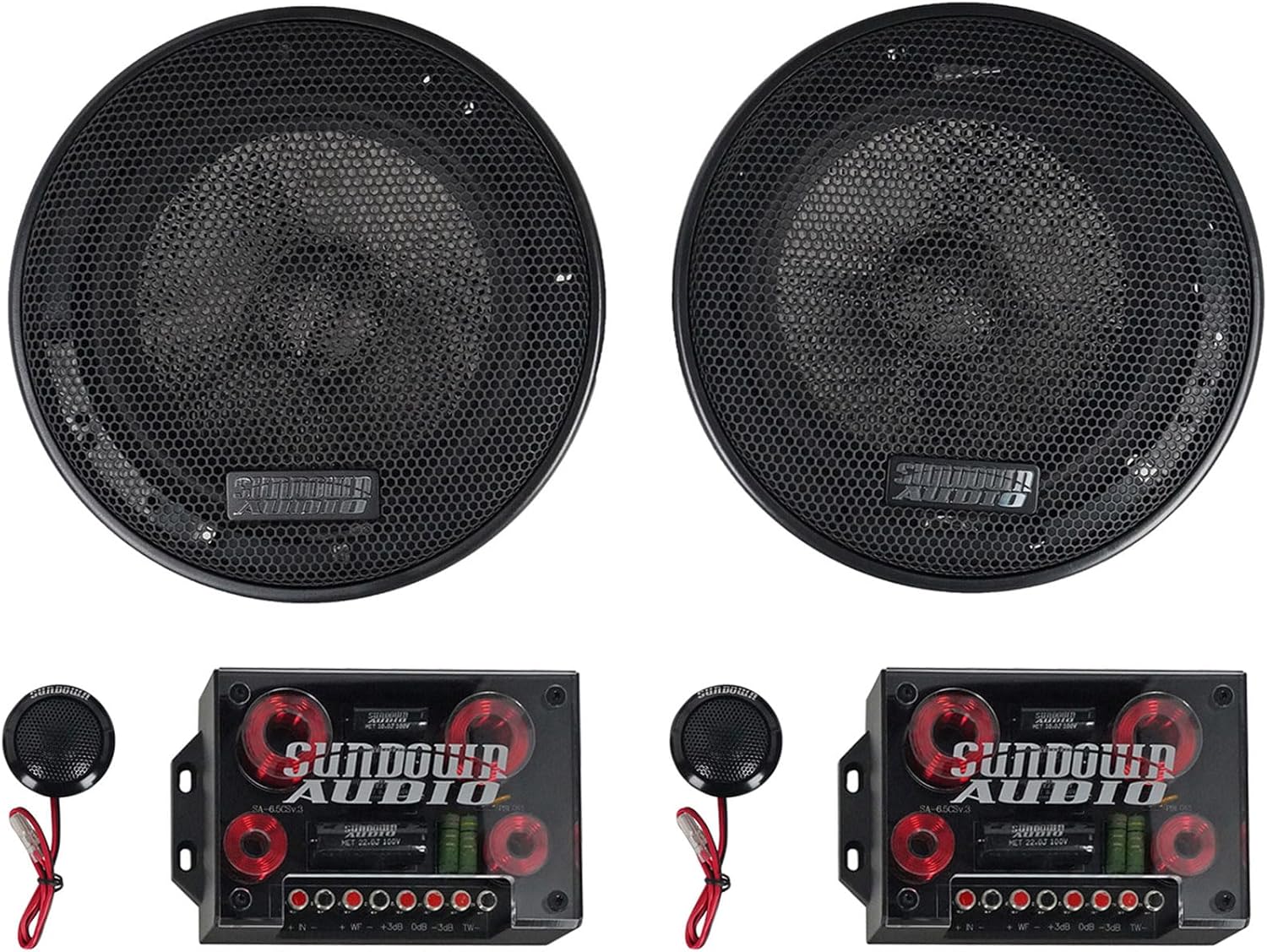 Sundown Audio SA-6.5CS v.3 6.5 in 125-Watt Car Audio Component Speakers, Silk Dome Tweeters, Carbon Fiber Cones, Adjustable Crossovers, for Vehicle Sound Systems, 4-Piece