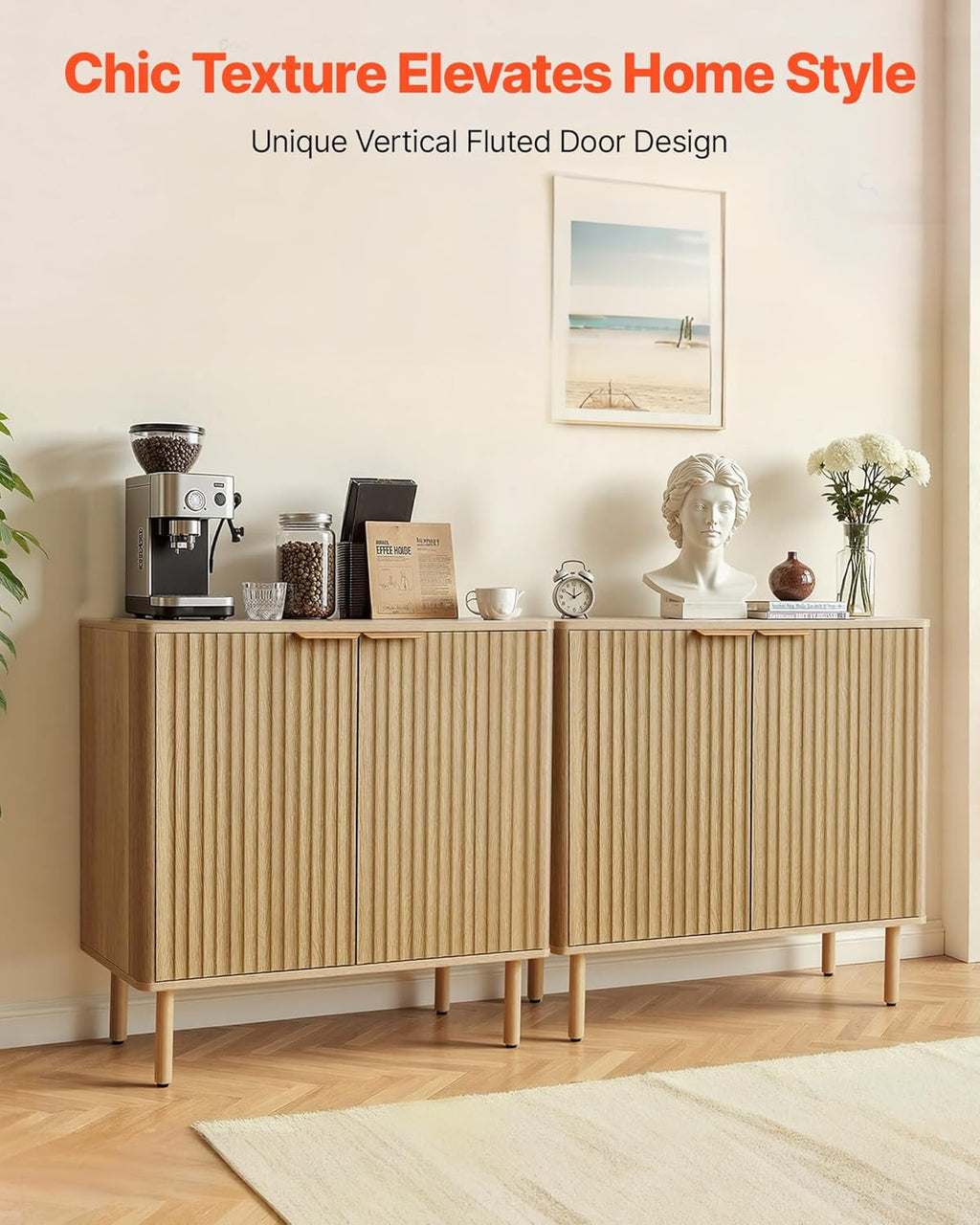 VEVOR Buffet Cabinet, Sideboard Cabinet with 2-Tier Storage, Coffee Bar Cabinet with Adjustable Shelves, Fluted Sideboard Buffet for Hallway, Entryway, Living Room, or Kitchen, Oak(2pcs)
