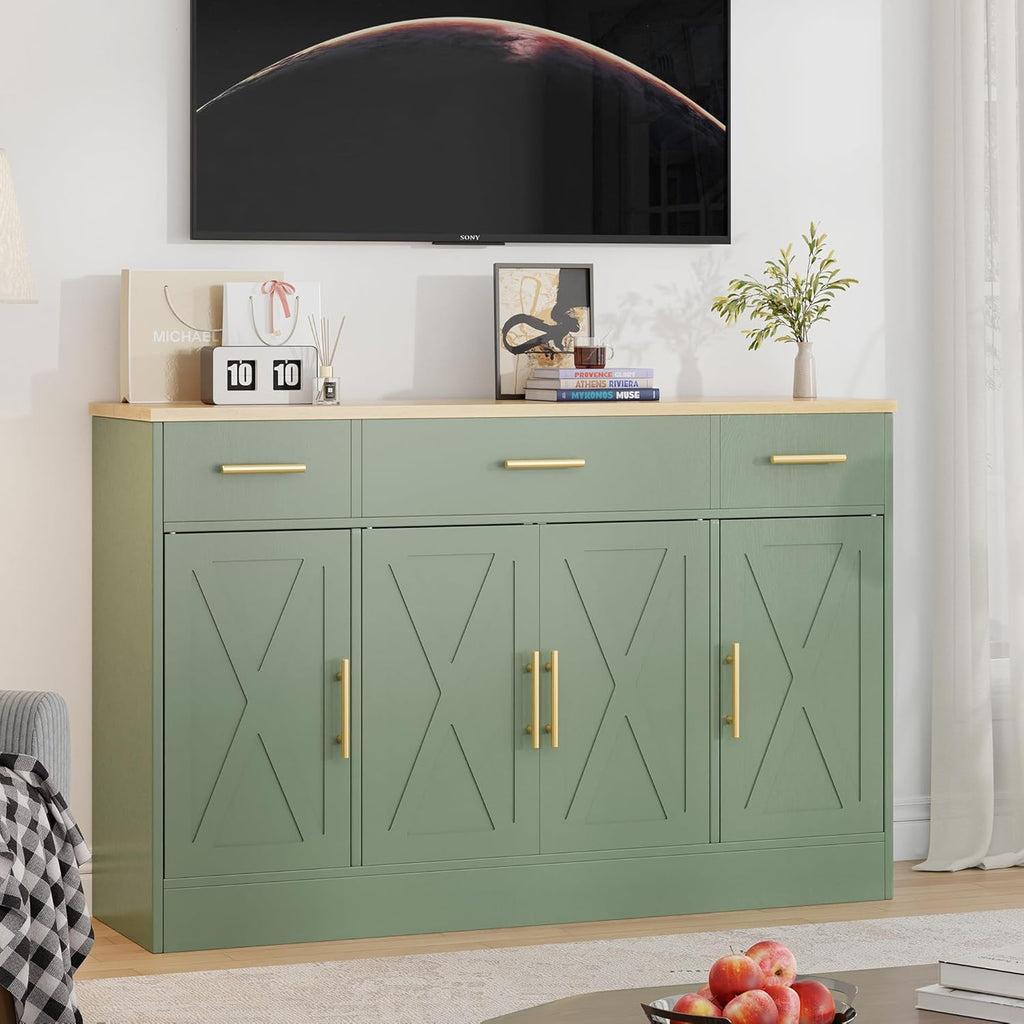 Shintenchi Buffet Cabinet with Storage,53.4" Large Kitchen Storage Cabinet with 3 Drawers and 4 Doors,Wood Farmhouse Buffet Sideboard with Adjustable Shelf for Kitchen Living Room, Green