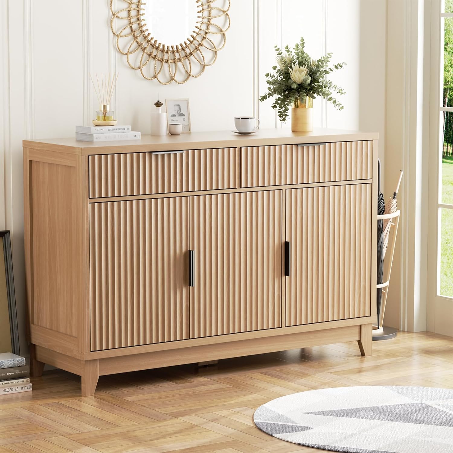 Vabches Modern Sideboard Buffet Cabinet with Storage, Long Credenza Storage Cabinet with Drawer, Fluted Doors & Adjustable Shelf, Wood Buffet Table for Living Room, Kitchen Dining Room, Entryway, Oak