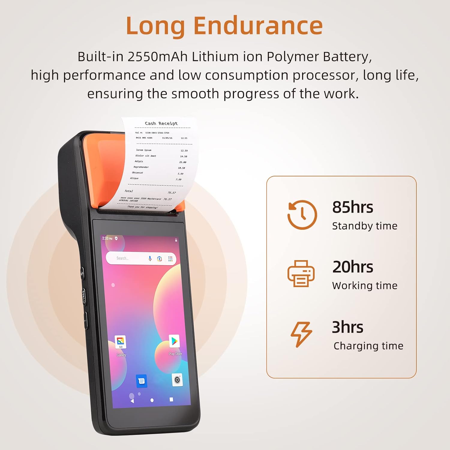 POS Receipt Printer, Handheld 3G PDA Terminal for Android 8.1 1D 2D Barcode Scanner, Support 3G BT WCDMA, with 5in Touchscreen, 58mm Width Thermal Label Printing for Supermarket Small Business