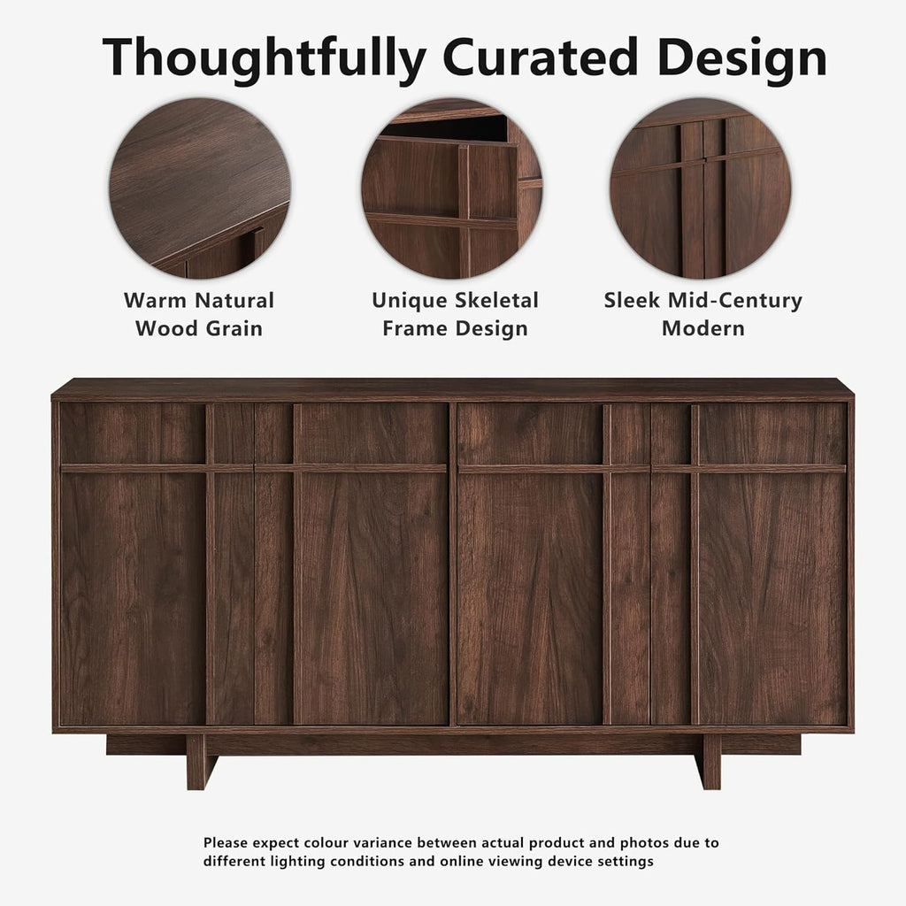 Sideboard Buffet Cabinet with Storage, Mid Century Modern Accent Cabinet with Skeleton Line & Wood Grain Texture,Minimalist Geometric Credenza for Living Room, Kitchen and Entryway, Cherry