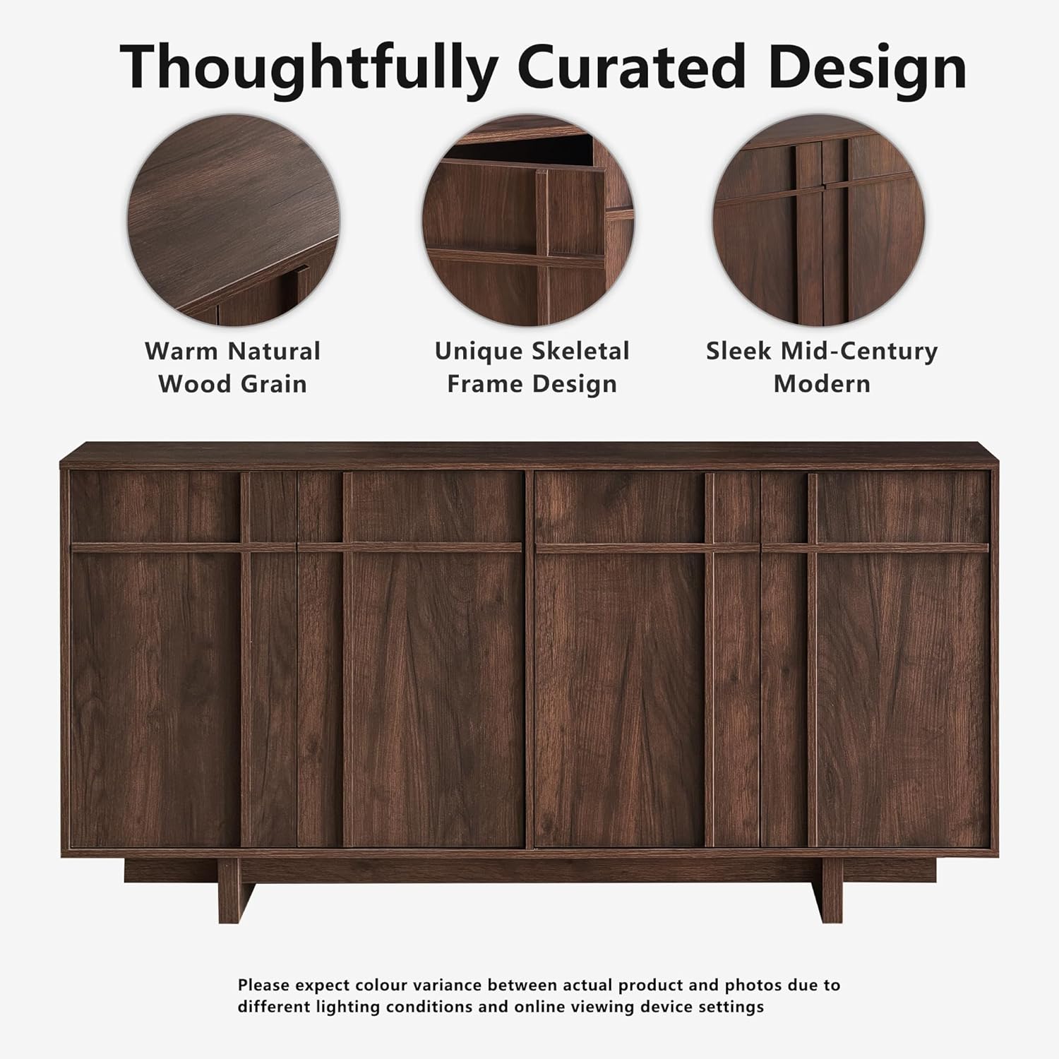 Sideboard Buffet Cabinet with Storage, Mid Century Modern Accent Cabinet with Skeleton Line & Wood Grain Texture,Minimalist Geometric Credenza for Living Room, Kitchen and Entryway, Cherry
