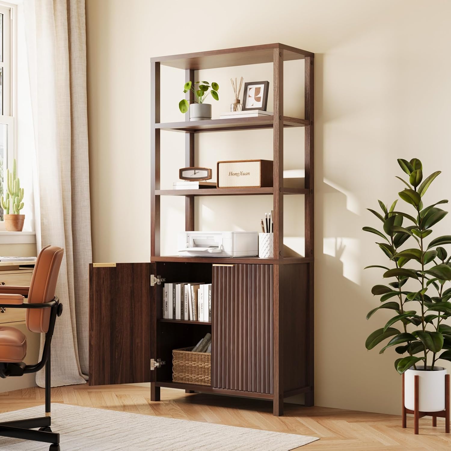 VINGLI Bookcase with Fluted Doors, 71" Wood Storage Cabinet with Adjustable Shelves, 6-Tier Display Cabinet Bookshelf for Study, Living Room, Home Office, Kitchen Pantry, Walnut
