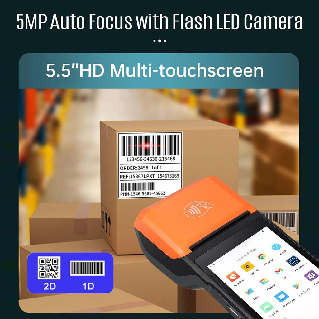 Bisofice Android 14 Handheld POS Receipt Printer 1D/2D/QR Barcode Scanner PDA 5.5” Touchscreen 5MP Camera WiFi 4G BT for Warehouse Inventory, Logistics, Retail, POS System