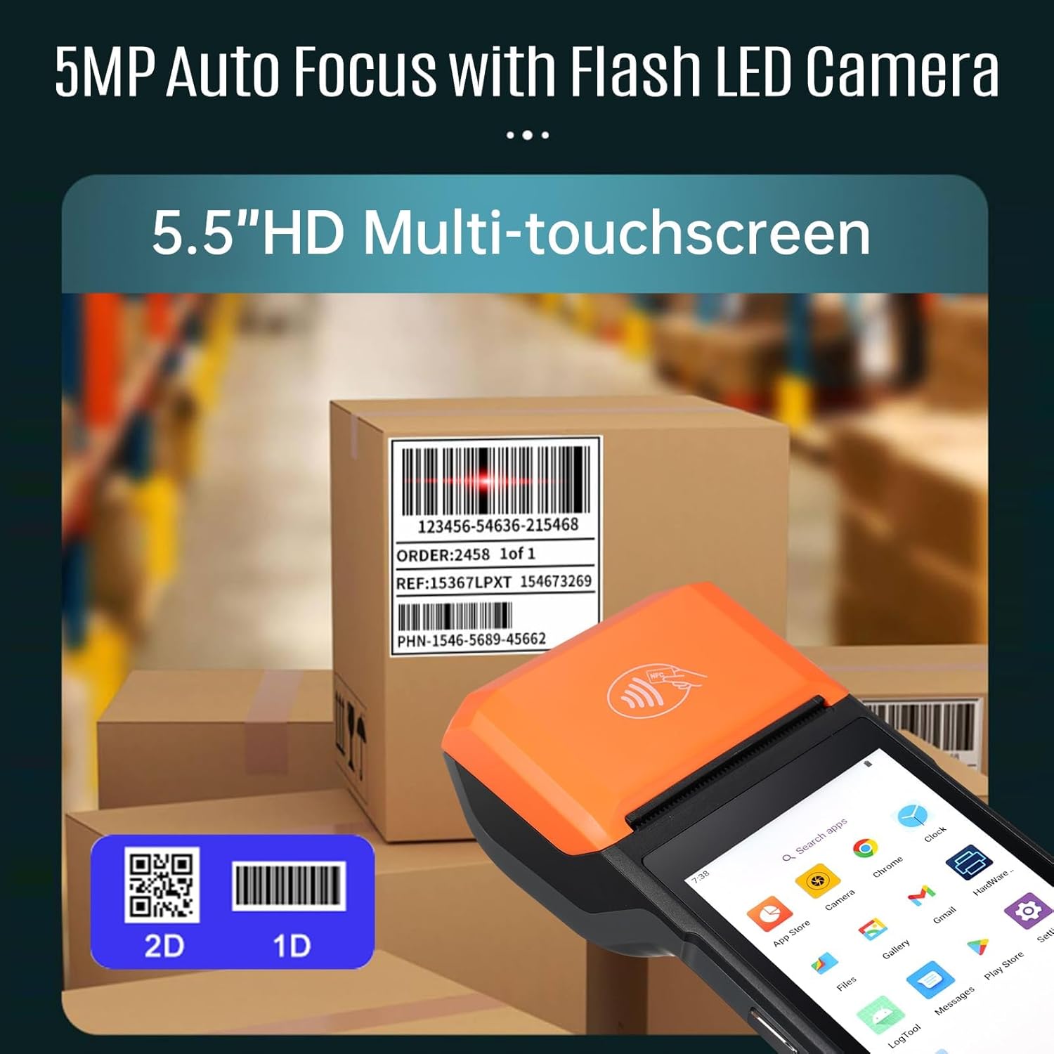 Bisofice Android 14 Handheld POS Receipt Printer 1D/2D/QR Barcode Scanner PDA 5.5” Touchscreen 5MP Camera WiFi 4G BT for Warehouse Inventory, Logistics, Retail, POS System