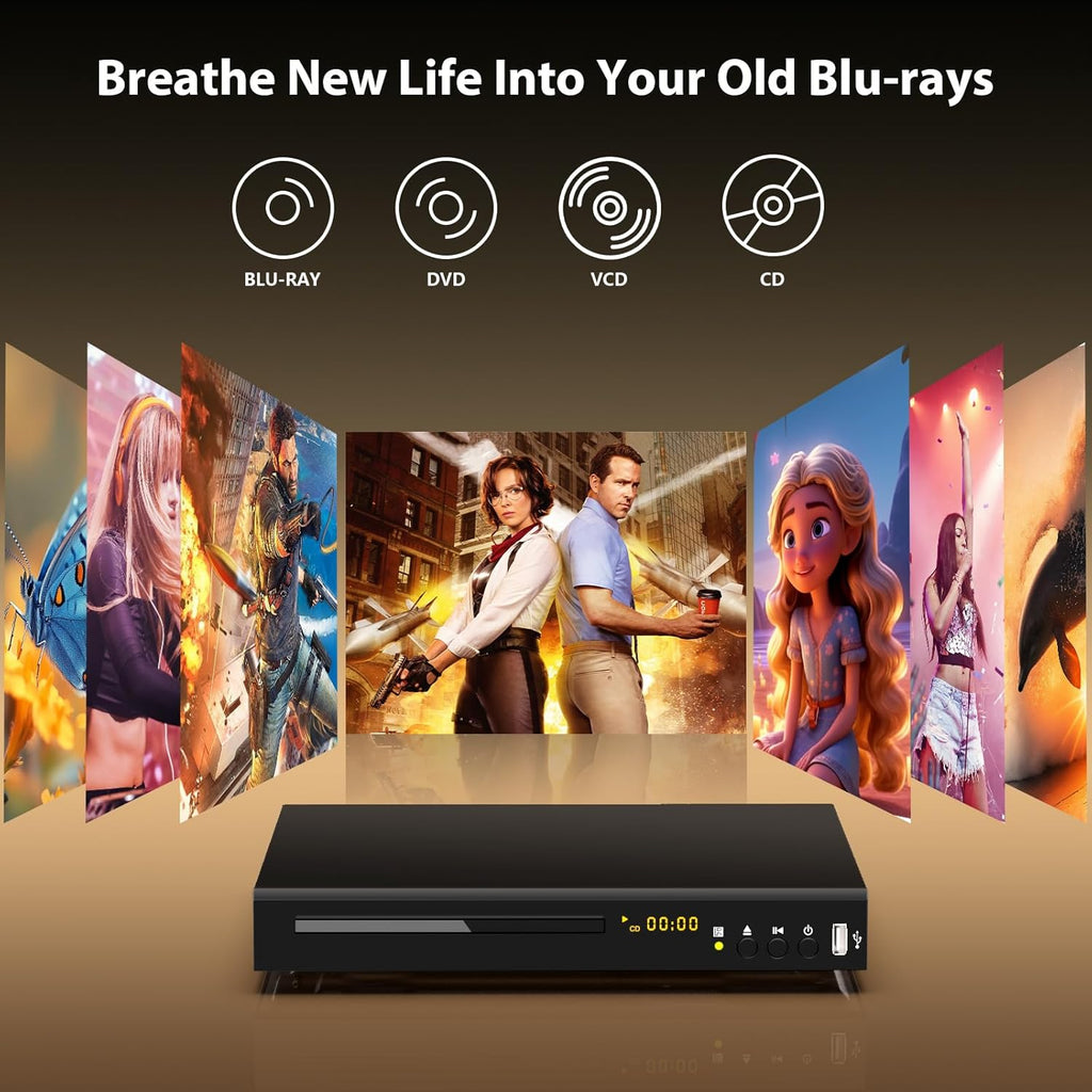 Blu Ray DVD Player Dolby Digital TrueHD/DTS and 1080P Full HD, Play All DVDs and Region A 1 Blu-Rays, Support Max 128G USB Flash Drive + HDMI/AV/Coaxial Output + Built-in PAL/NTSC with HDMI/AV Cable
