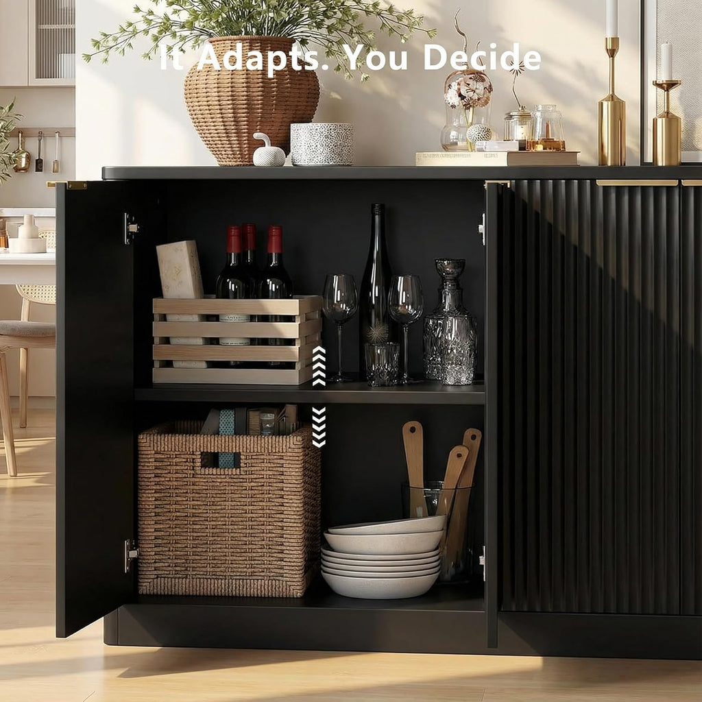 67" Fluted Buffet Cabinet Sideboard with Storage, Large Credenza with 6 Doors, Wood Mid Century Modern Sideboard for Kitchen and Living Room .Black
