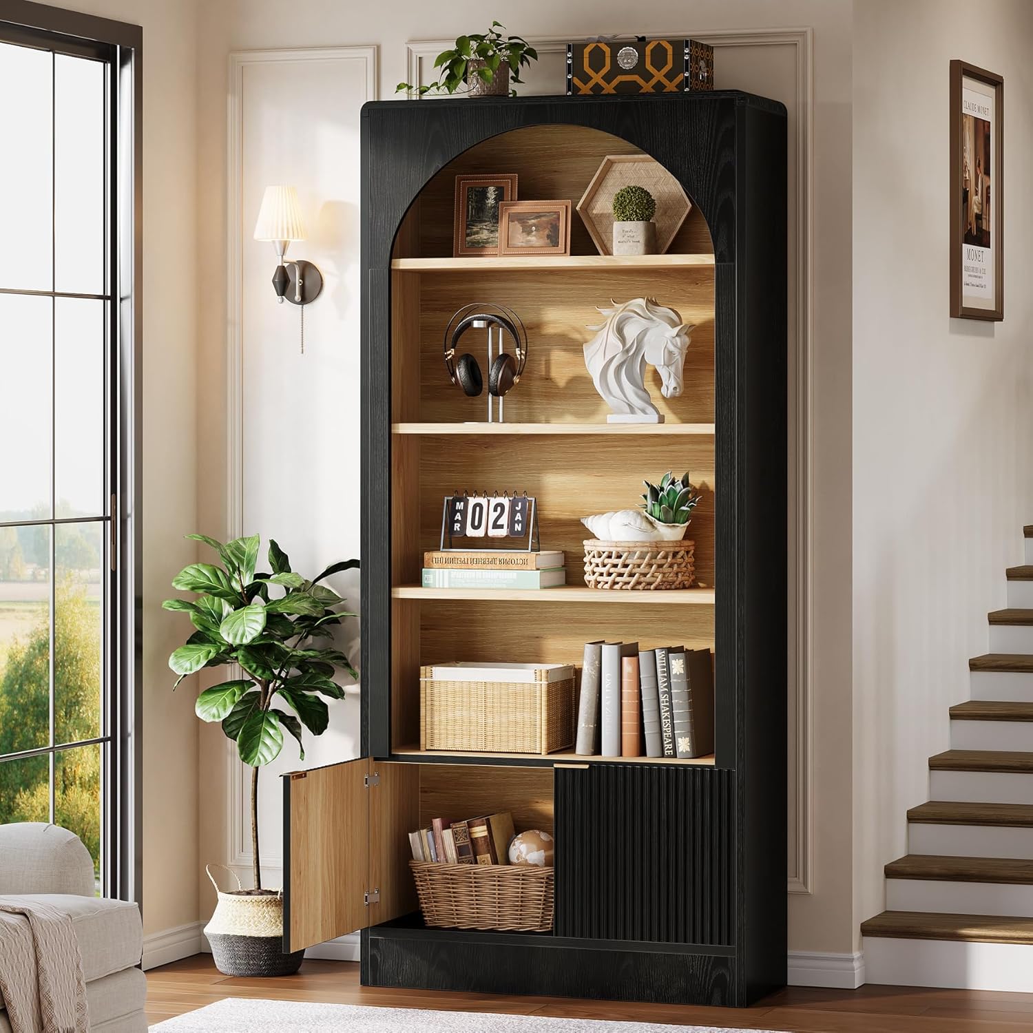 Tribesigns 71" Tall Arched Bookcase, 5-Tier Black Bookshelf with Storage Cabinet, Modern Freestanding Wooden Bookshelves Open Display for Living Room, Home Office, Study