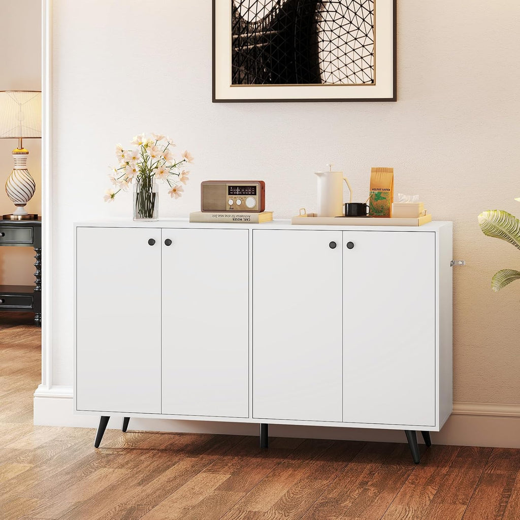 Giantex Sideboard Buffet Cabinet, 50'' Accent Kitchen Storage Cabinet with 4-Door & 5-Position Adjustable Shelves, Modern White Sideboard with 5 Support Legs, Buffet Table for Coffee Bar, Living Room