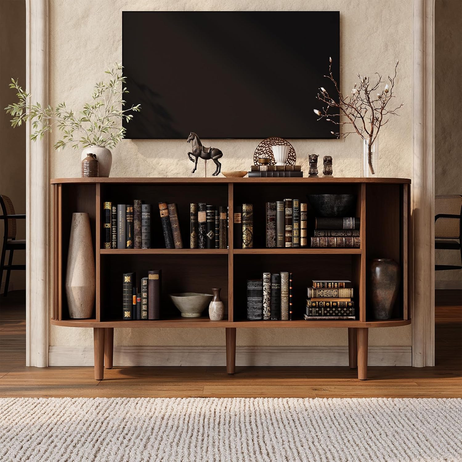 ONBRILL 55" Buffet Sideboard Cabinet with Sliding Doors, Mid-Century Modern Sideboard Buffet Cabinet with Storage & Adjustable Shelves, Accent Coffee Bar Console Table for Kitchen, Entryway, Walnut