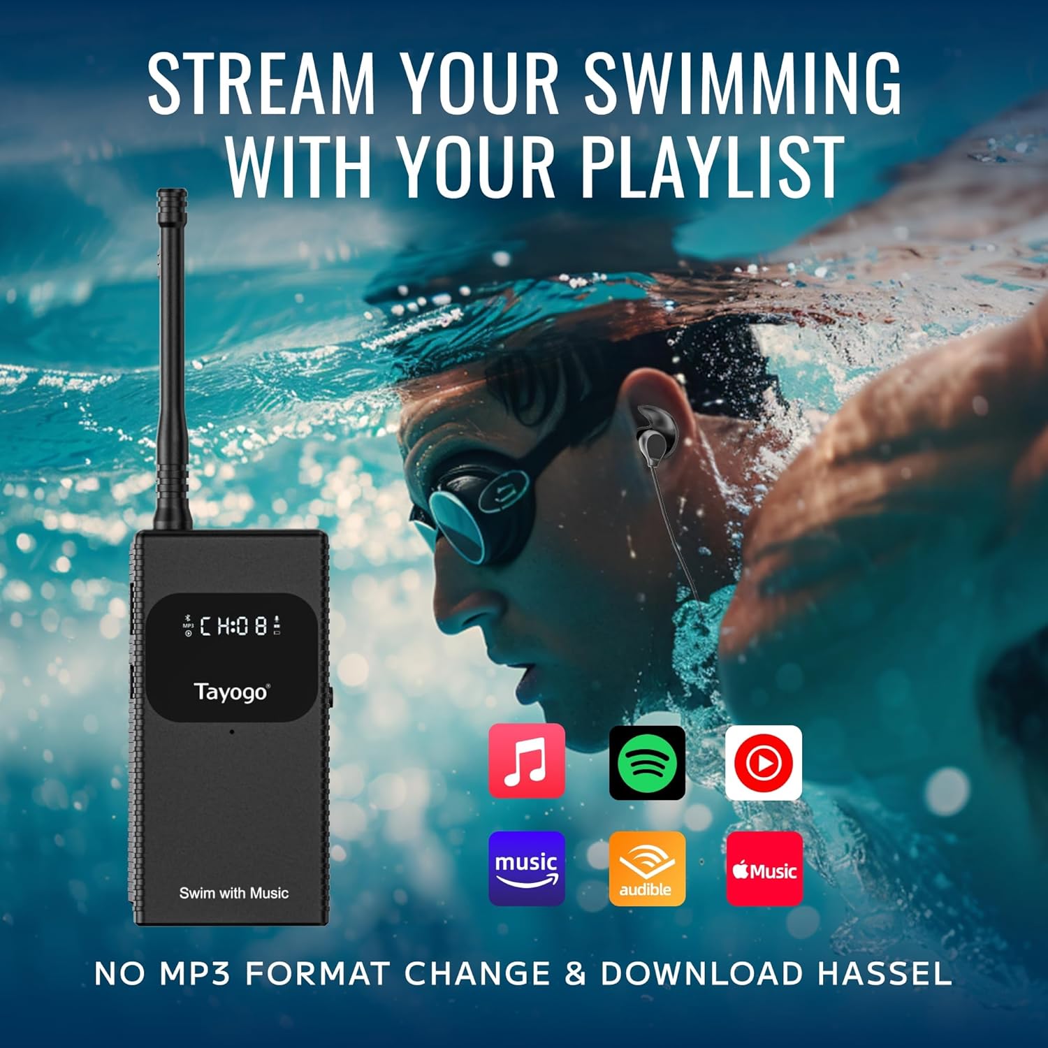 Tayogo T6+W18 Swim Music Combo – Waterproof Swimming MP3 Player + Bluetooth Transmitter | No Need to Download Music, Support Spotify, Swim with Your Stream APP