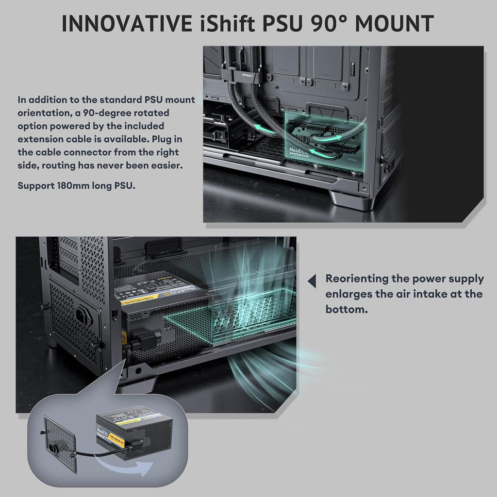 Antec Flux Pro, 6 x PWM Fans Included, High-Airflow Front Panel with Walnut Wood, iShift PSU 90° Mount, USB3.0 x 2, Type-C, 420mm Radiator Support, Temp. Display, Full-Tower E-ATX PC Case