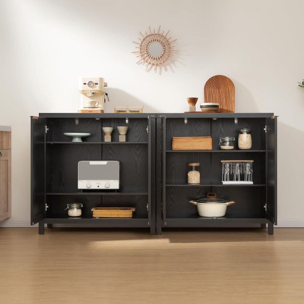 SICOTAS Sideboard Buffet Storage Cabinet - Boho Rattan Credenza Coffee Bar Cabinet with Large Storage, Farmhouse Console Buffet Table for Kitchen Living Room Entryway - 2 Black Pieces