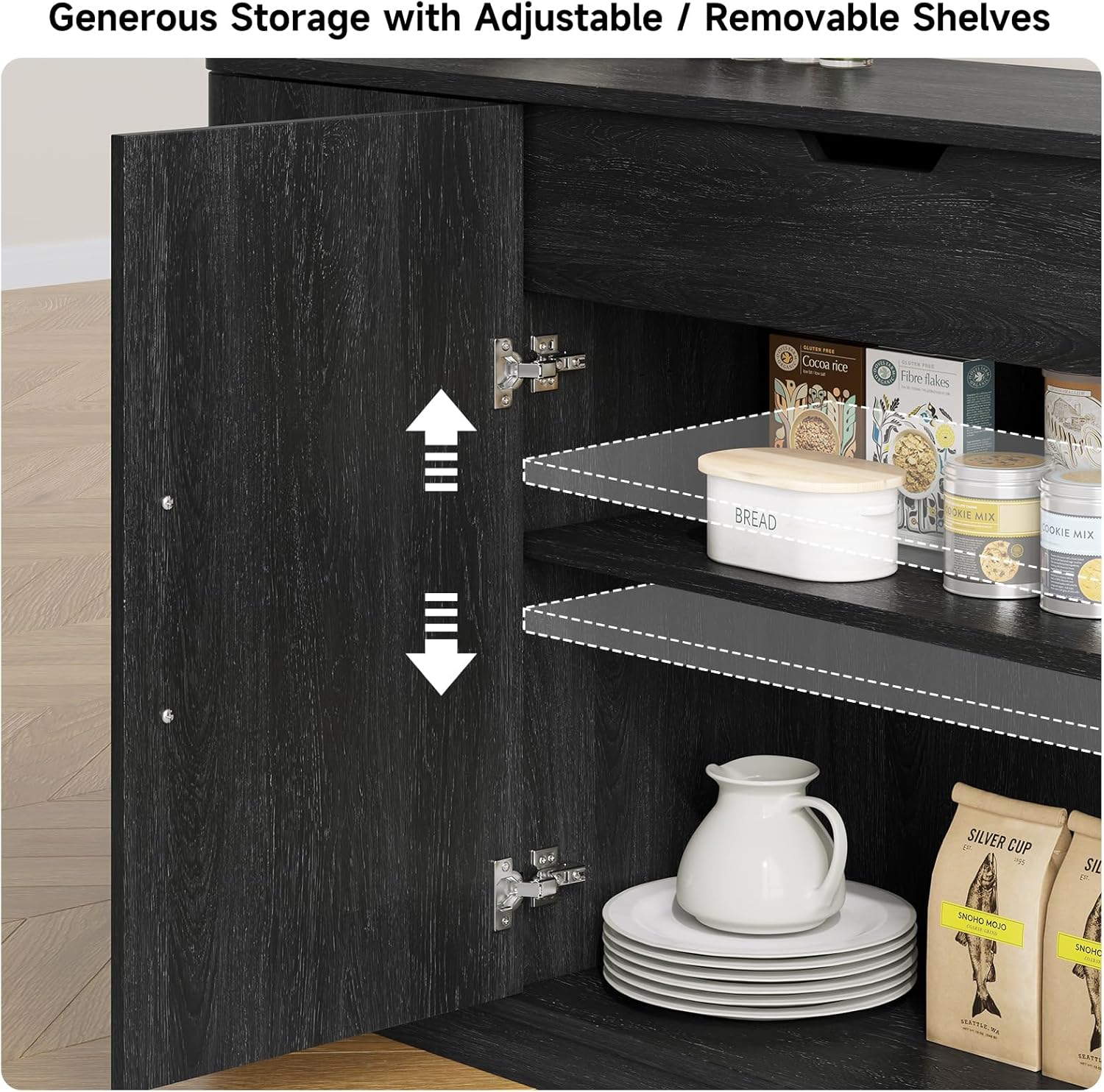 ONBRILL 63" Curved Buffet Cabinet with Storage and 4 Doors, Large Sideboard Buffet Storage Cabinet with Adjustable Shelves, Modern Coffee Bar Table for Dining Room, Living Room, Entryway (Black)