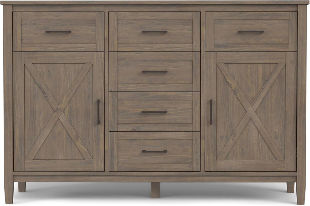 SIMPLIHOME Ela Buffet - 54 inch Wide Solid Wood 3-Door Sideboard Buffet in Smoky Brown, Transitional Storage Cabinet for Dining Room or Kitchen with Adjustable Shelves and Brushed Metal Hardware