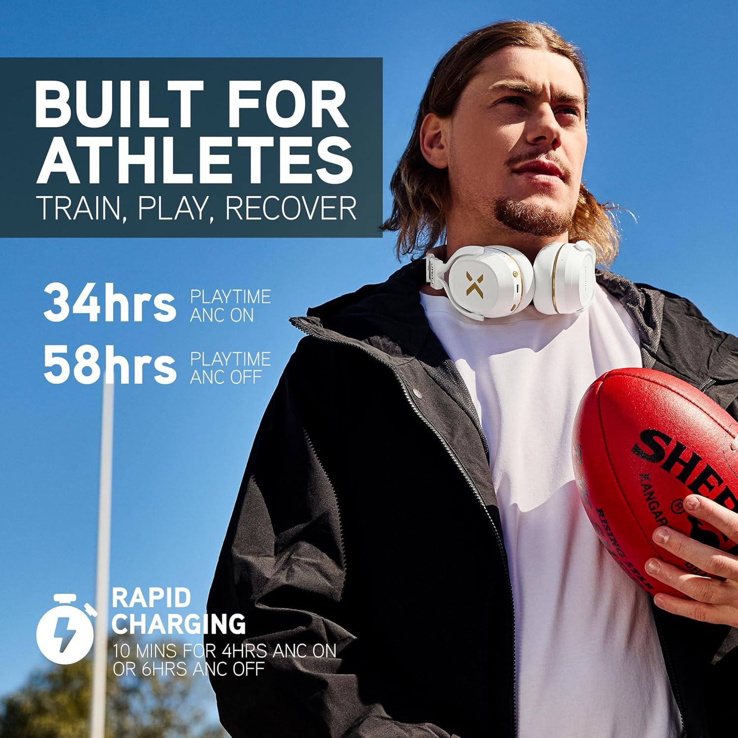 BlueAnt Pump X Wireless Over-Ear Headphones, Bluetooth, Powerful Bass, Active Noise Cancelling & Transparency Mode, Interchangeable Ear Cups, All-Day Comfort for Gym and Training, White/Gold