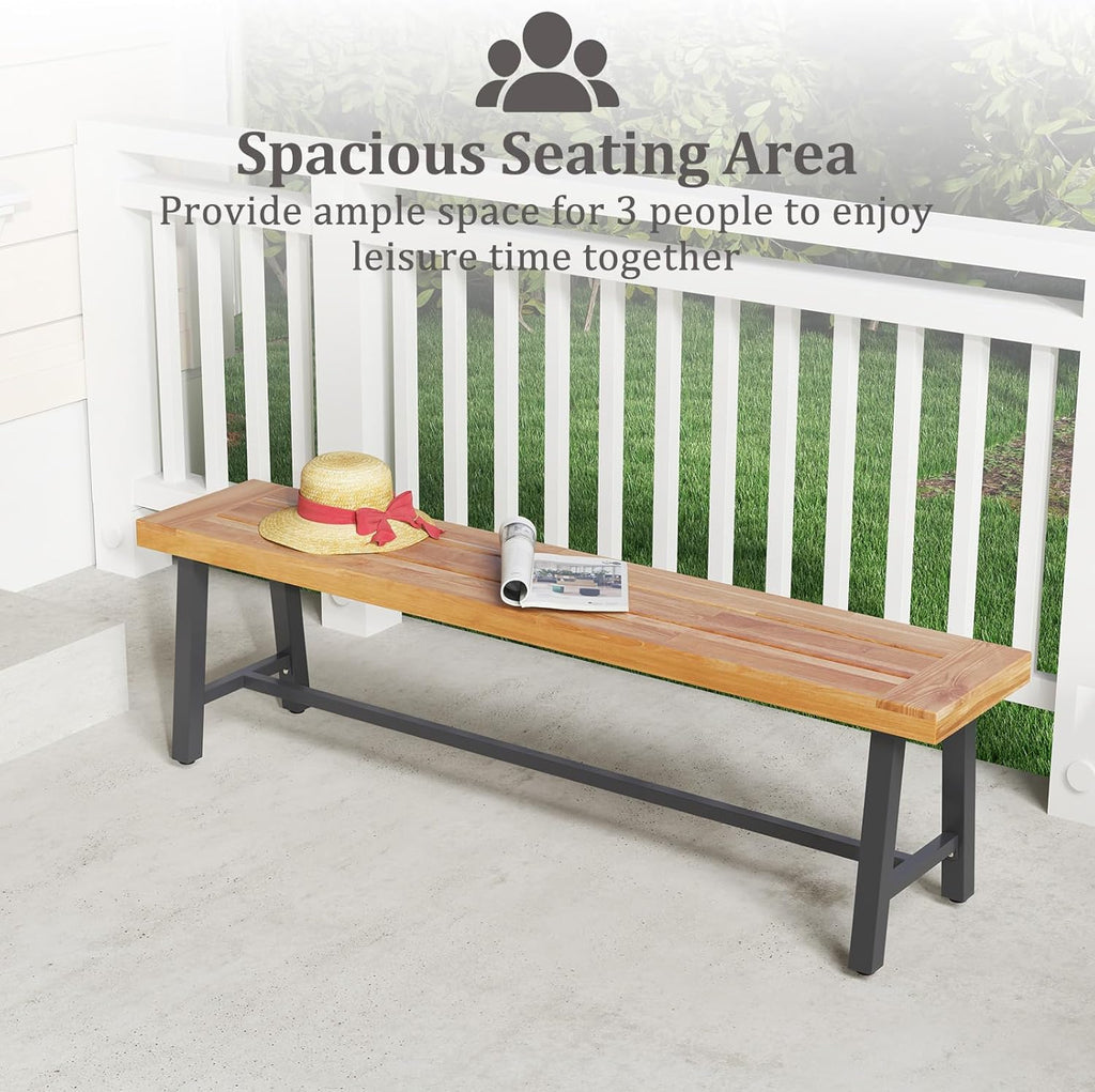 Tangkula 63 Inches Acacia Wood Outdoor Bench Set of 2, 3-Person Patio Bench with 800 lbs Weight Capacity, Outdoor Backless Bench with Heavy-Duty Metal Frame for Garden, Porch and Backyard