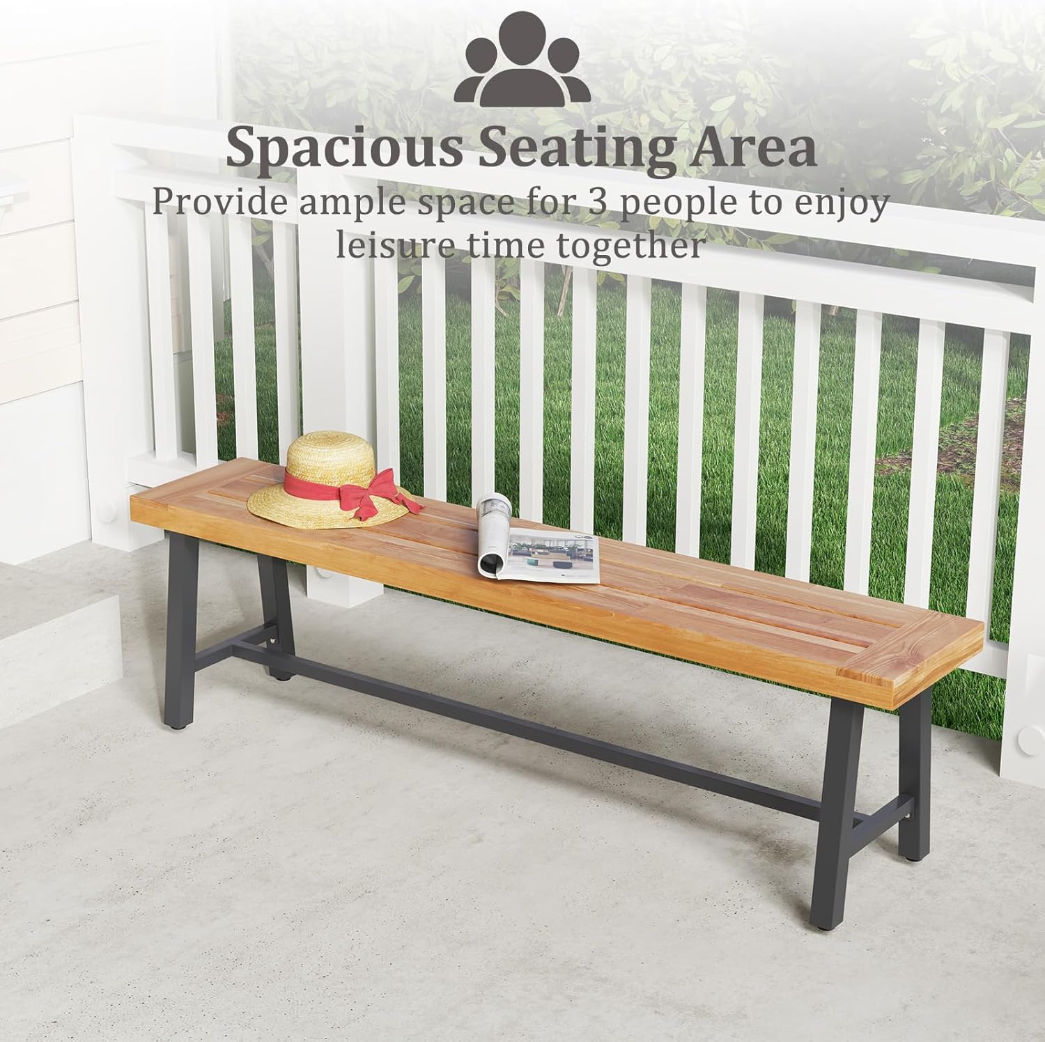 Tangkula 63 Inches Acacia Wood Outdoor Bench Set of 2, 3-Person Patio Bench with 800 lbs Weight Capacity, Outdoor Backless Bench with Heavy-Duty Metal Frame for Garden, Porch and Backyard