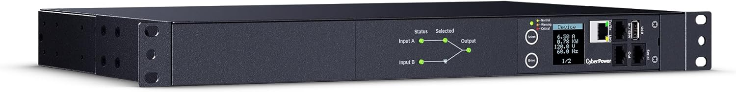 CyberPower PDU44002 Switched ATS PDU, 100-120V, 20A (Derated to 16A), 10 Outlets, 1U Rackmount