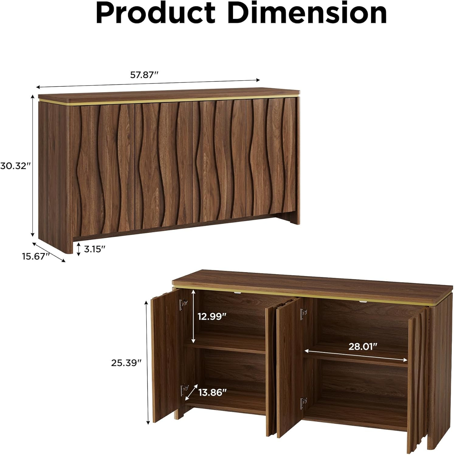 Vabches Fluted Buffet Cabinet with Storage, 3D Ripple Pattern Doors and Curved Edges, Modern Sideboard for Kitchen, Entryway, 4 Doors & Adjustable Shelf, Walnut, 57.9" W