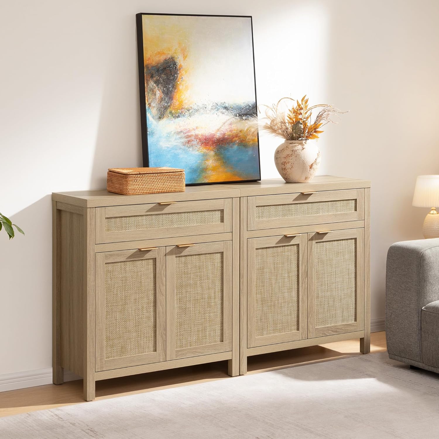SICOTAS Sideboard Buffet Storage Cabinet Set of 2, Rattan Credenza Buffet Table, Boho Console Accent Cabinet with Doors and Drawer, Coffee Bar Cabinets for Kitchen Entryway Living Room, Natural