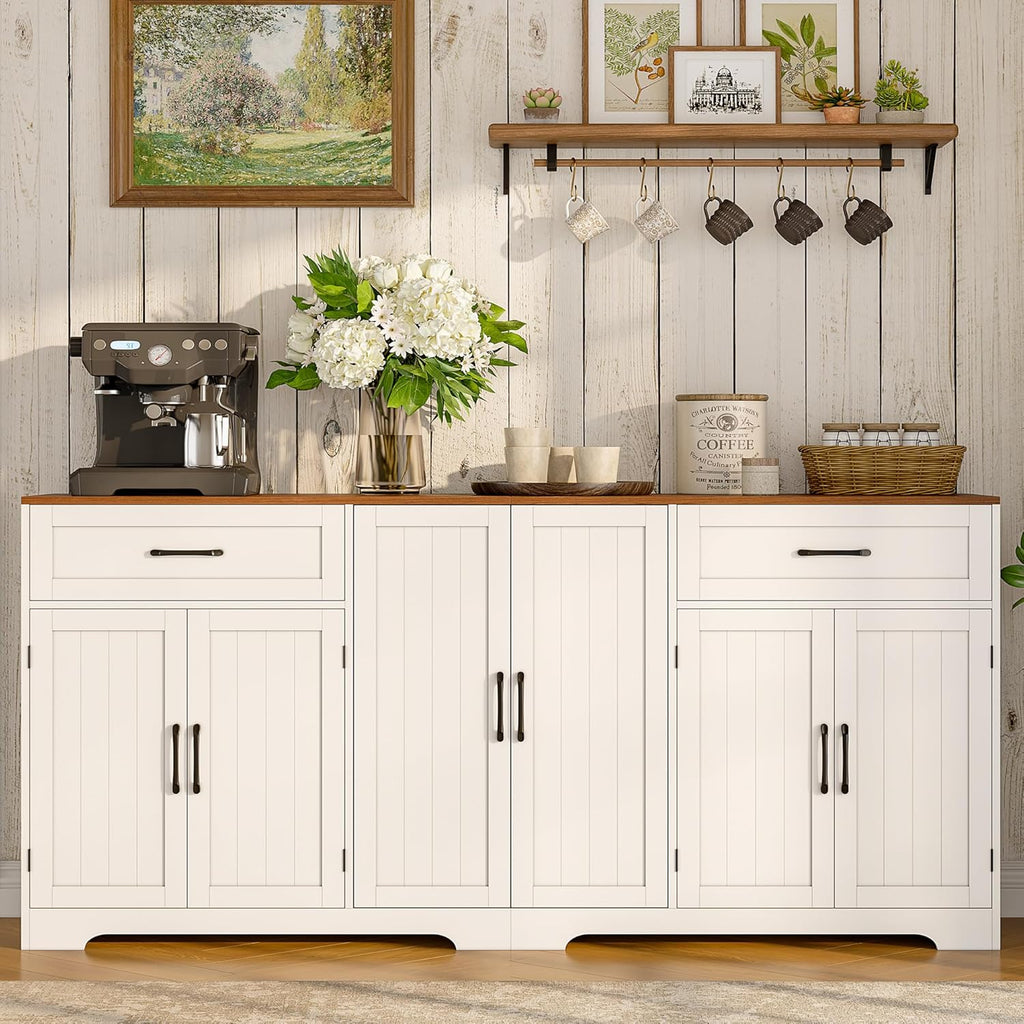 Whalefall 71" Farmhouse Sideboard Buffet Cabinet with Storage, Large Kittchen Credenza with 2 Drawers & 6 Doors, Modern Wooden Coffee Bar Cabinet for Kitchen Dining Room, White