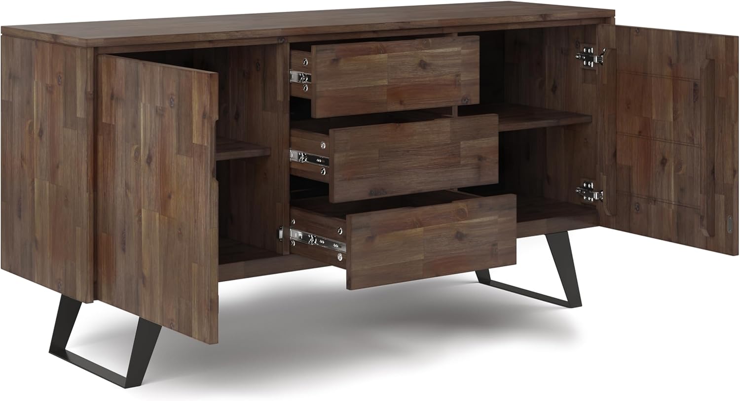 SIMPLIHOME Lowry Buffet - 60 inch Wide Solid Acacia Wood 3-Door Sideboard Buffet in Rustic Natural Aged Brown, Modern Industrial Cabinet for Dining Room with Metal Base and Adjustable Shelves