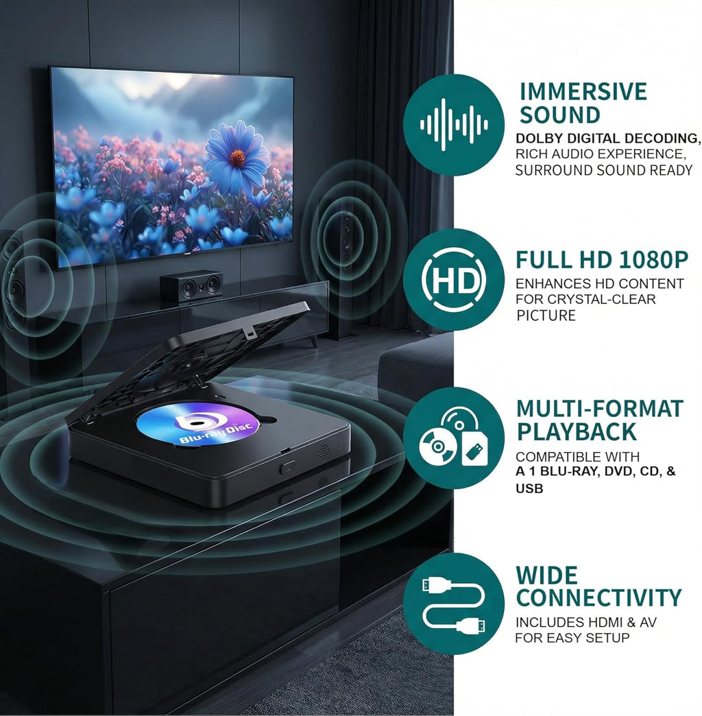 Blu Ray DVD Player for Smart & Old TVs, 1080P Home Theater Player with HDMI & AV Output, Supports 128GB USB Playback, Dolby DTS Audio, Plays A1 Blu-ray Discs, DVDs & CDs