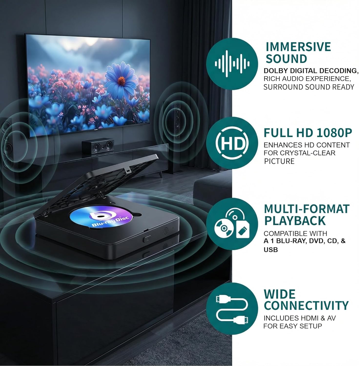 Blu Ray DVD Player for Smart & Old TVs, 1080P Home Theater Player with HDMI & AV Output, Supports 128GB USB Playback, Dolby DTS Audio, Plays A1 Blu-ray Discs, DVDs & CDs