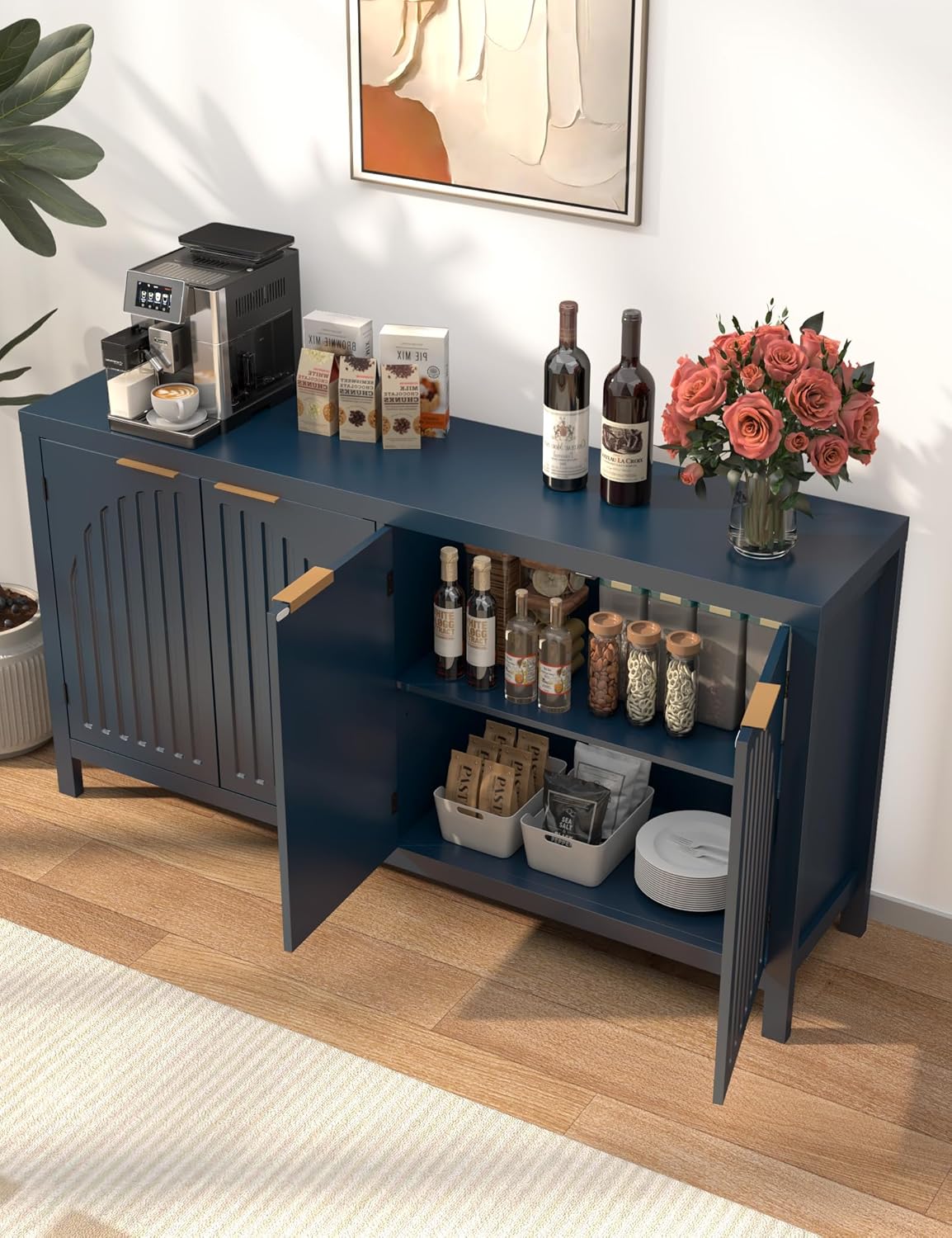 Fluted Sideboard Buffet Cabinet with Storage, 58'' Mid Century Modern Accent Credenza with Arch Doors & Adjustable Shelves, Wooden Coffee Bar for Dining Room Kitchen Living Room Entryway Hallway