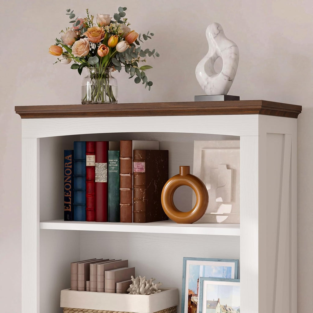 IRONCK 5 Tier Farmhouse Bookcase, 70.9" Tall White Bookshelf with Brown Top and Side Brace Panels, Large Open Display Storage Shelf for Living Room, Bedroom, Home Office, Entryway