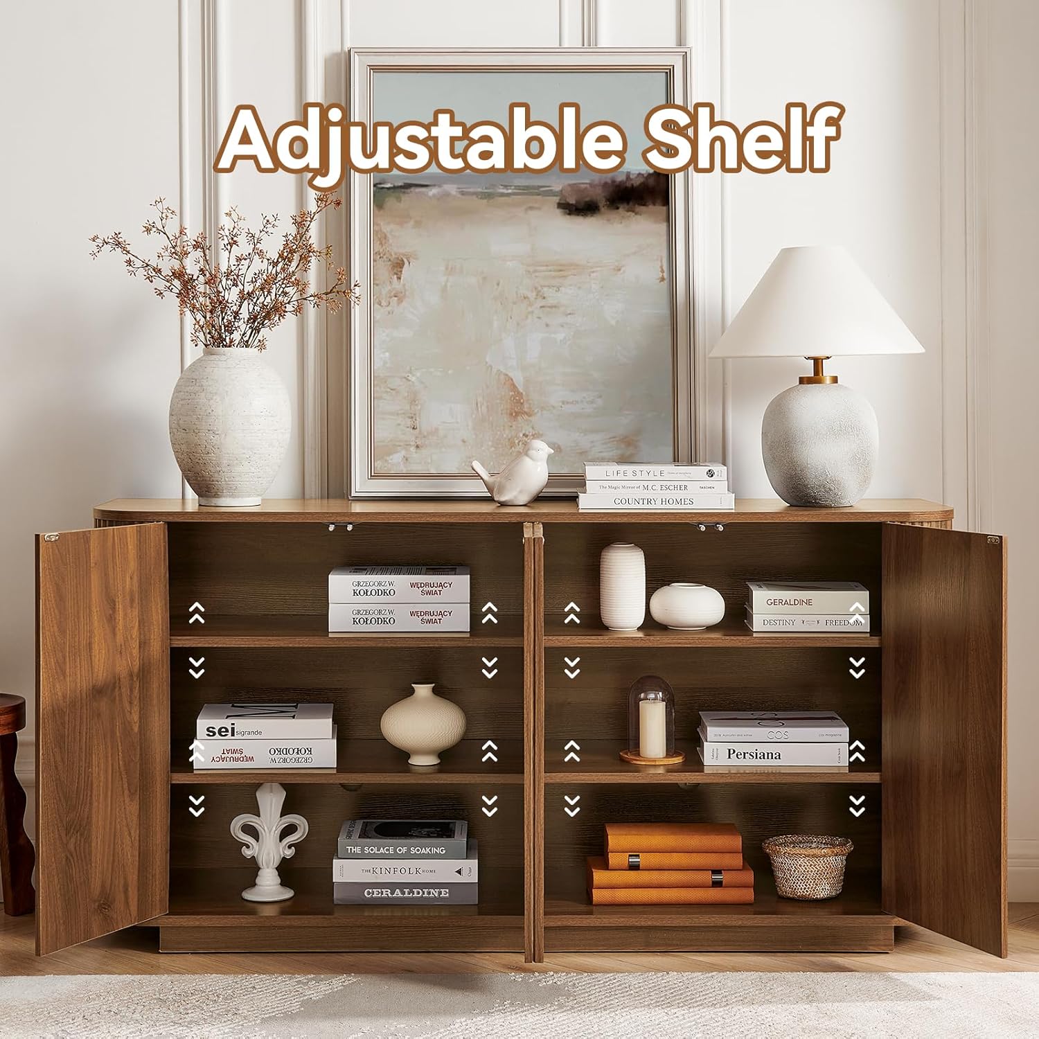 64" Sideboard Buffet Cabinet with Storage, Modern Fluted Accent Credenza with Adjustable Shelves, Wood Media Console Coffee Bar Table for Living Room Kitchen Dining Room, 31.5" H, Walnut