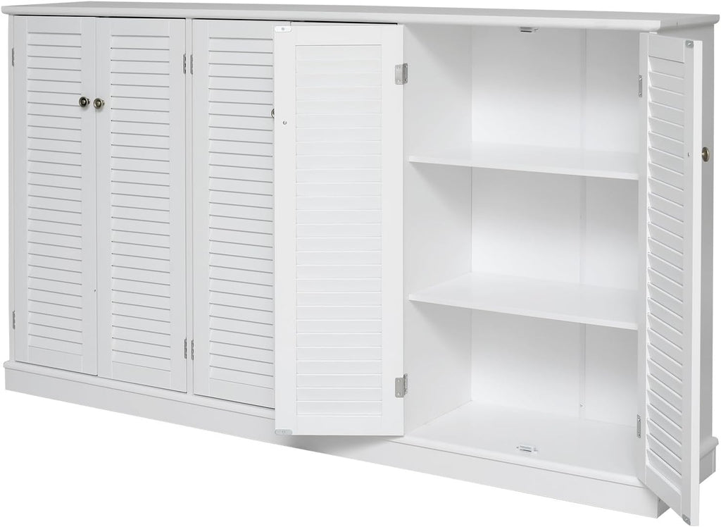 Farmhouse Sideboard Buffet Cabinet Storage, 63" W with 6 Shutter Door for Kitchen & Living Room Storage Cabinet, Wood Coffee Bar, White