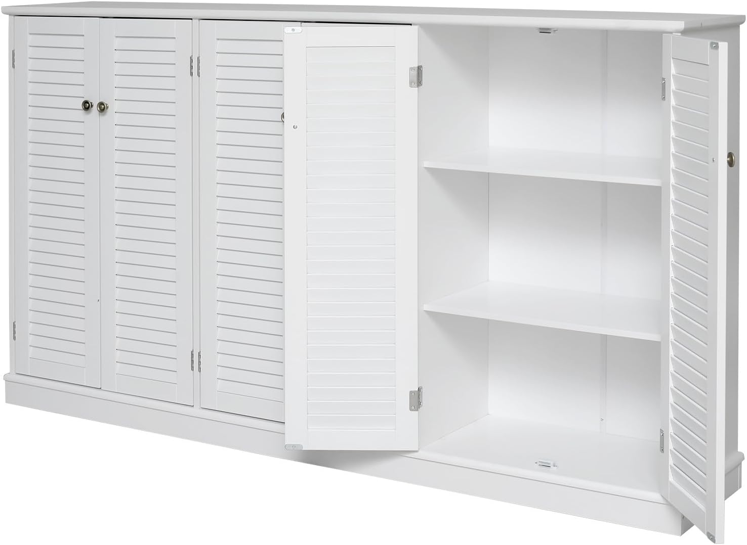 Farmhouse Sideboard Buffet Cabinet Storage, 63" W with 6 Shutter Door for Kitchen & Living Room Storage Cabinet, Wood Coffee Bar, White