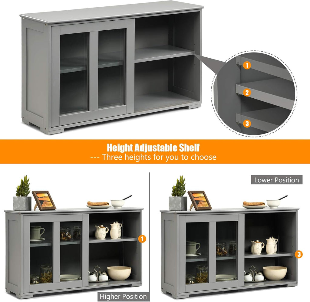 Costzon Sideboard Buffet Cabinet, Wooden Kitchen Storage Cabinet with Adjustable Shelf, Sliding Glass Doors, Accent Coffee Bar Cabinet Console Table for Living Room, Dining Room, Hallway (Grey)