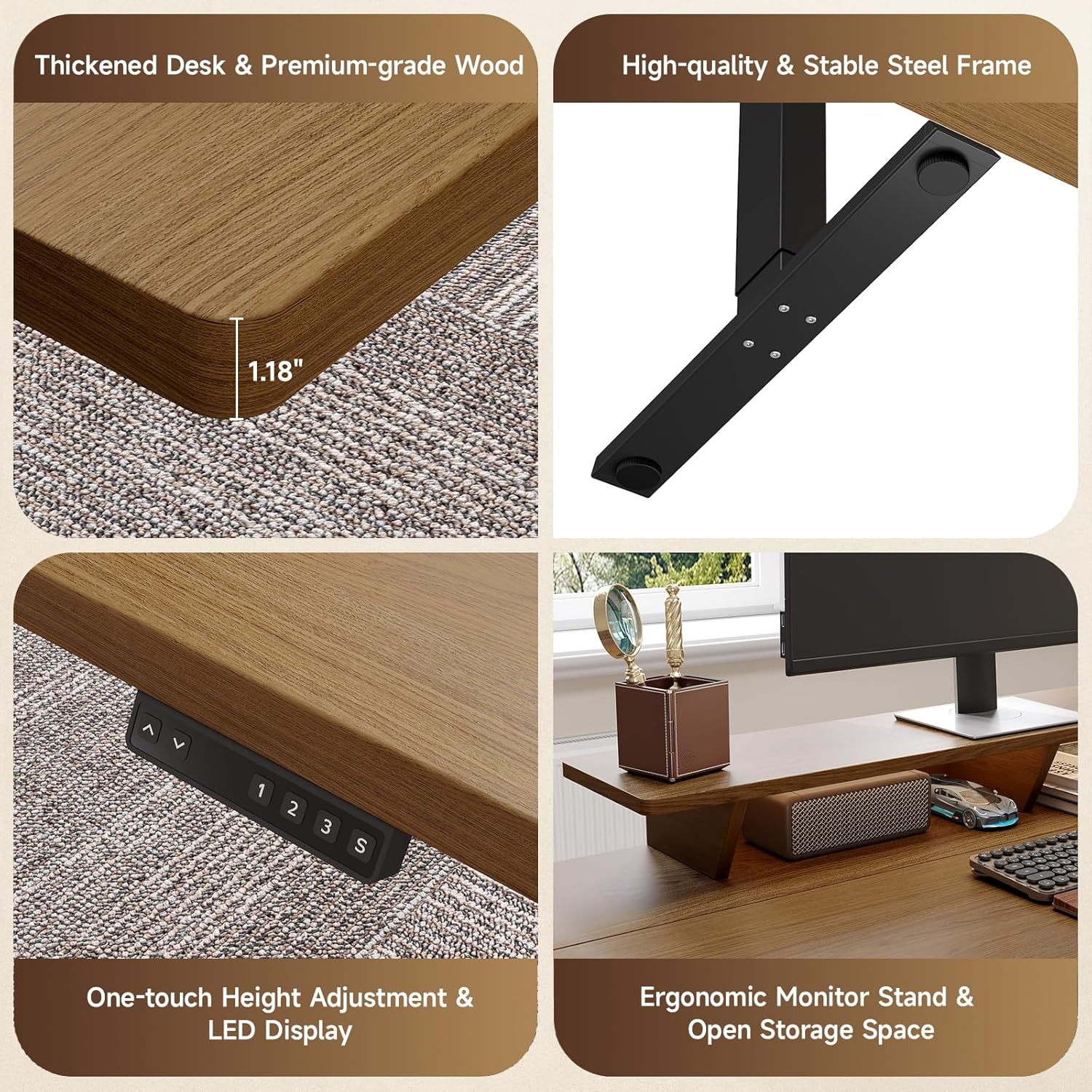 ONBRILL Home Office Furniture Set, 63'' Standing Desk with 55'' File Cabinet, Electric Height Adjustable Executive Workstation with Monitor Stand for Home Office Oak Brown
