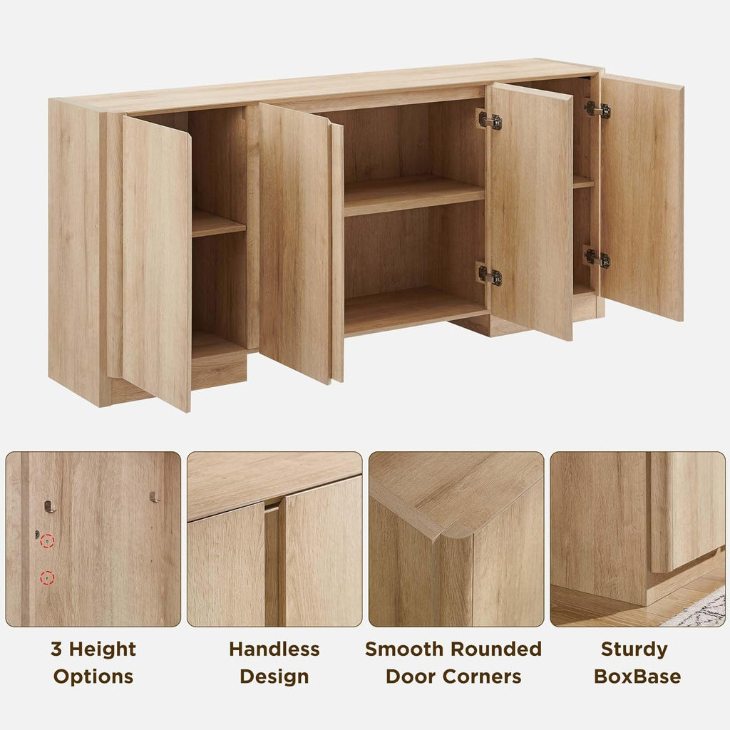 66" Large Sideboard Buffet Cabinet with Storage, 30" Tall Modern Kitchen Storage Cabinet, Adjustbale Shelf, Coffee Bar, Long Accent Table for Dining Room, Living Room, Entryway, Natural Oak